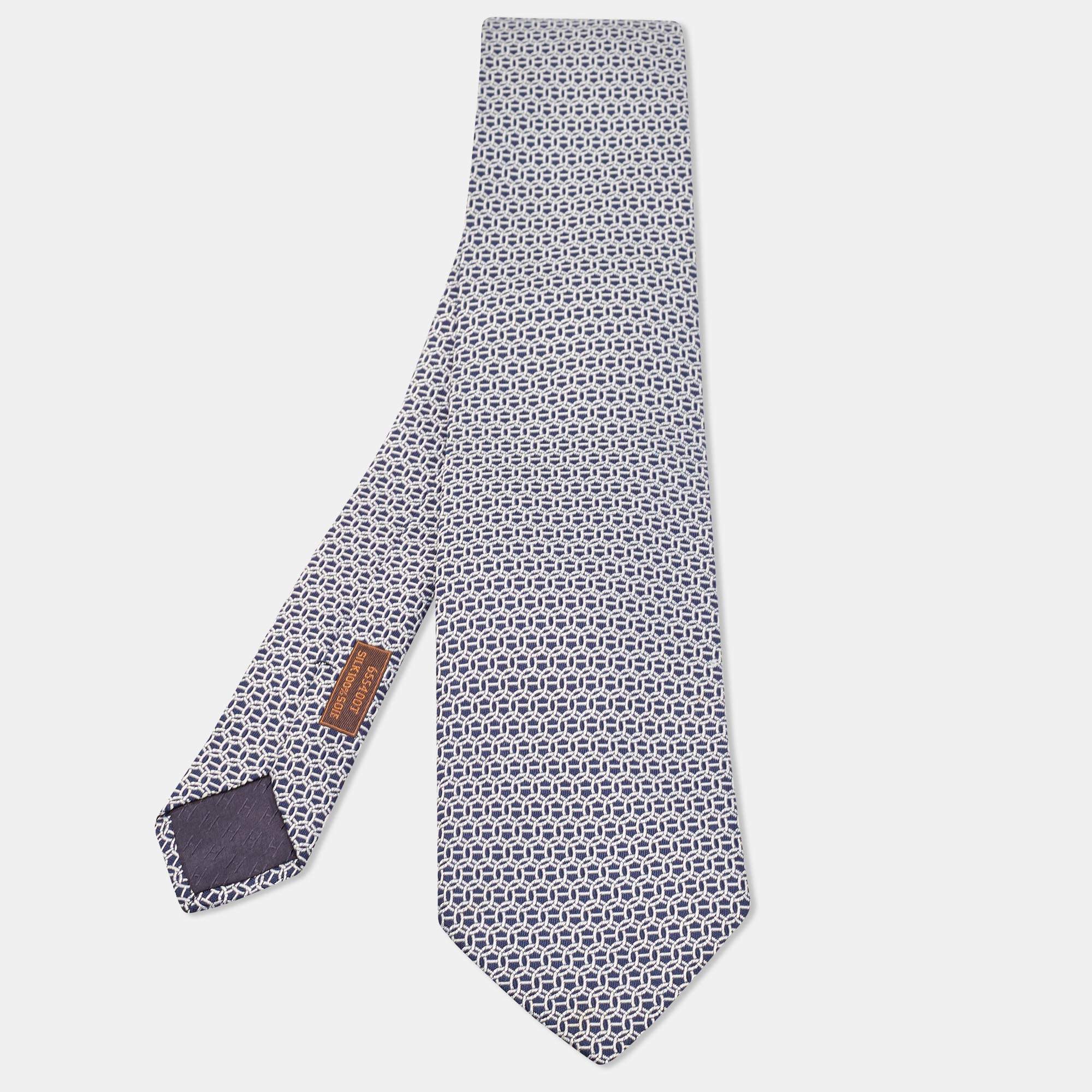 Pre Owned Hermes Blue Patterned Lourde Silk Tie
