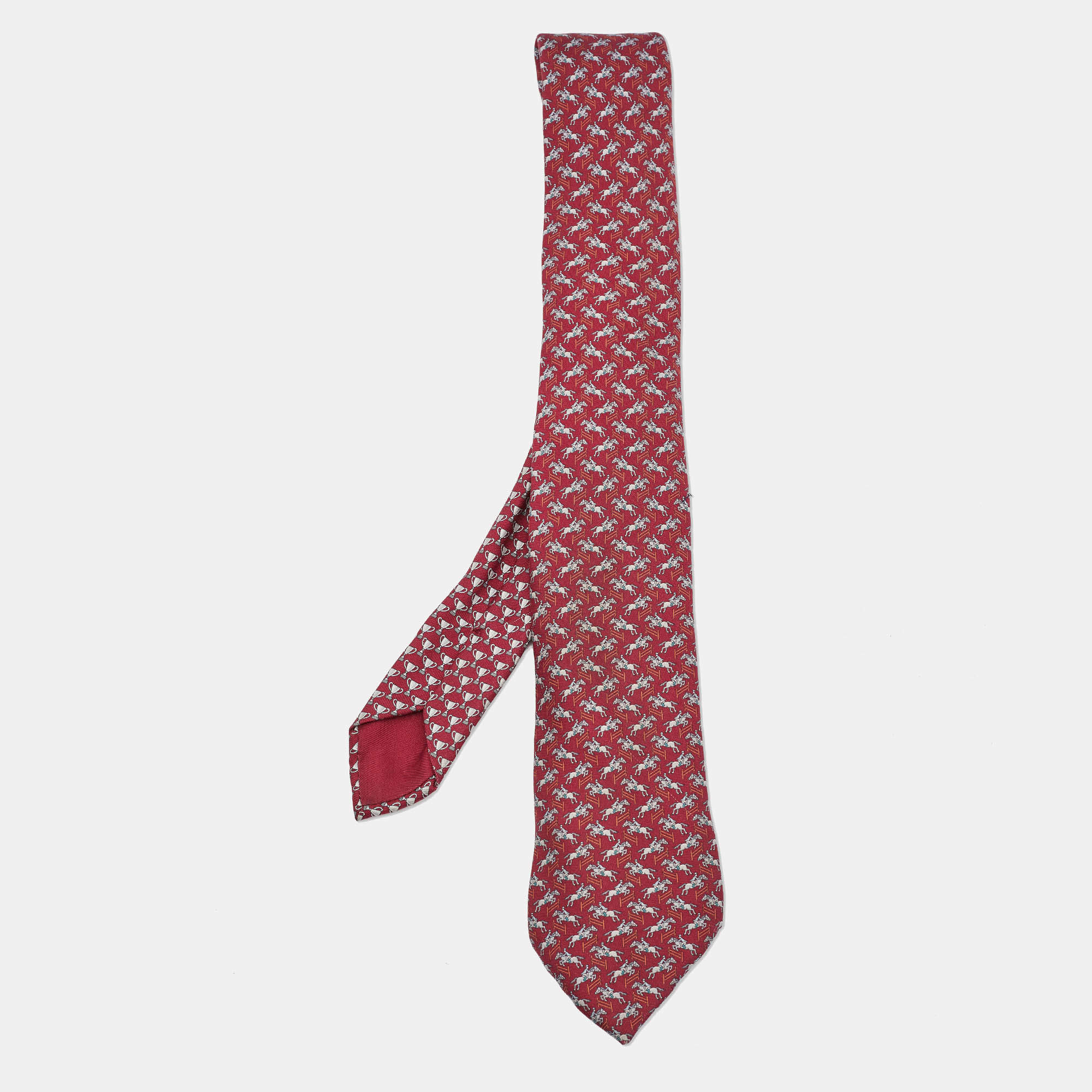 Pre Owned Hermes Burgundy Knights and trophies Print Silk Tie