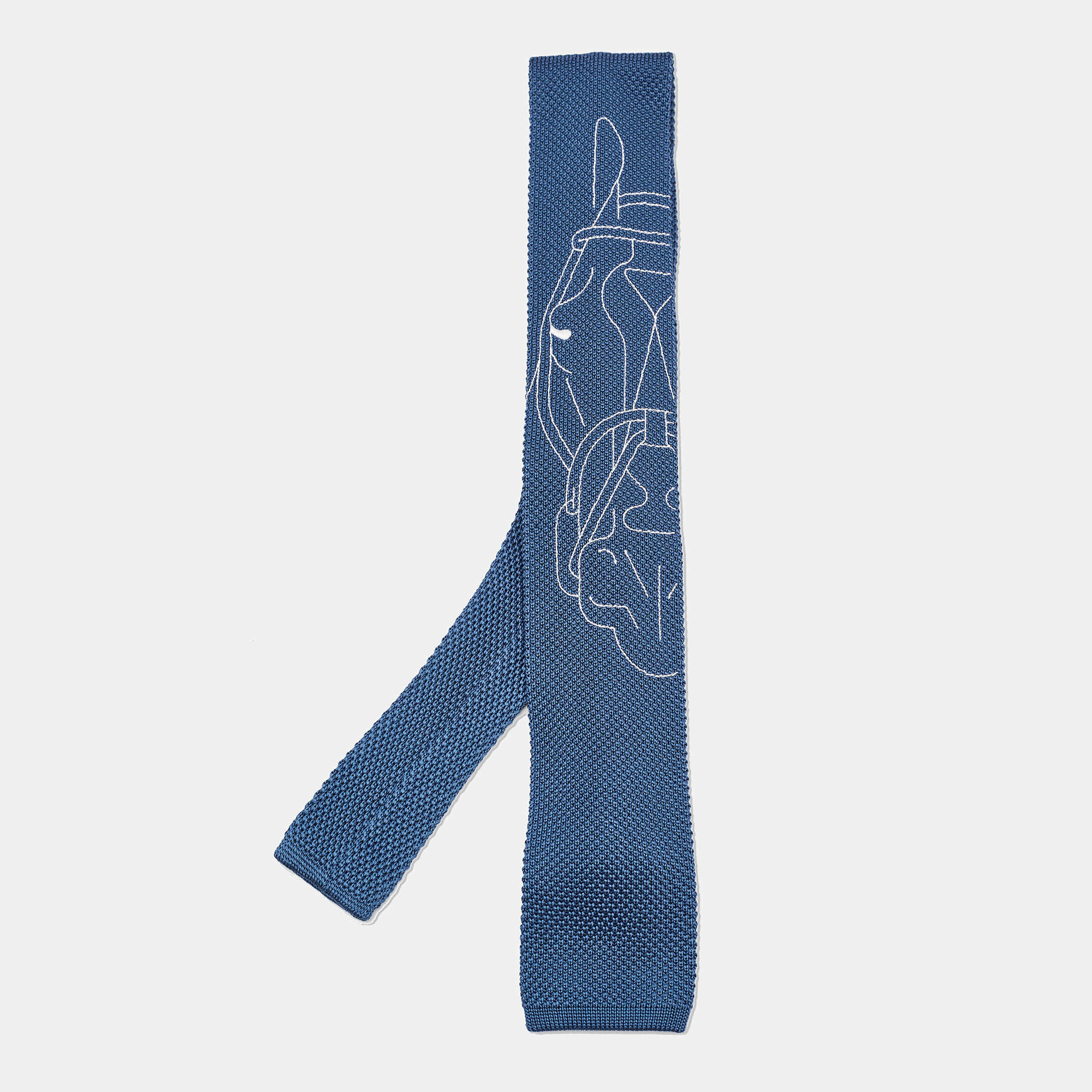 Pre Owned Hermes Blue Silk Knit Tete-A-Tete Equestre Tie