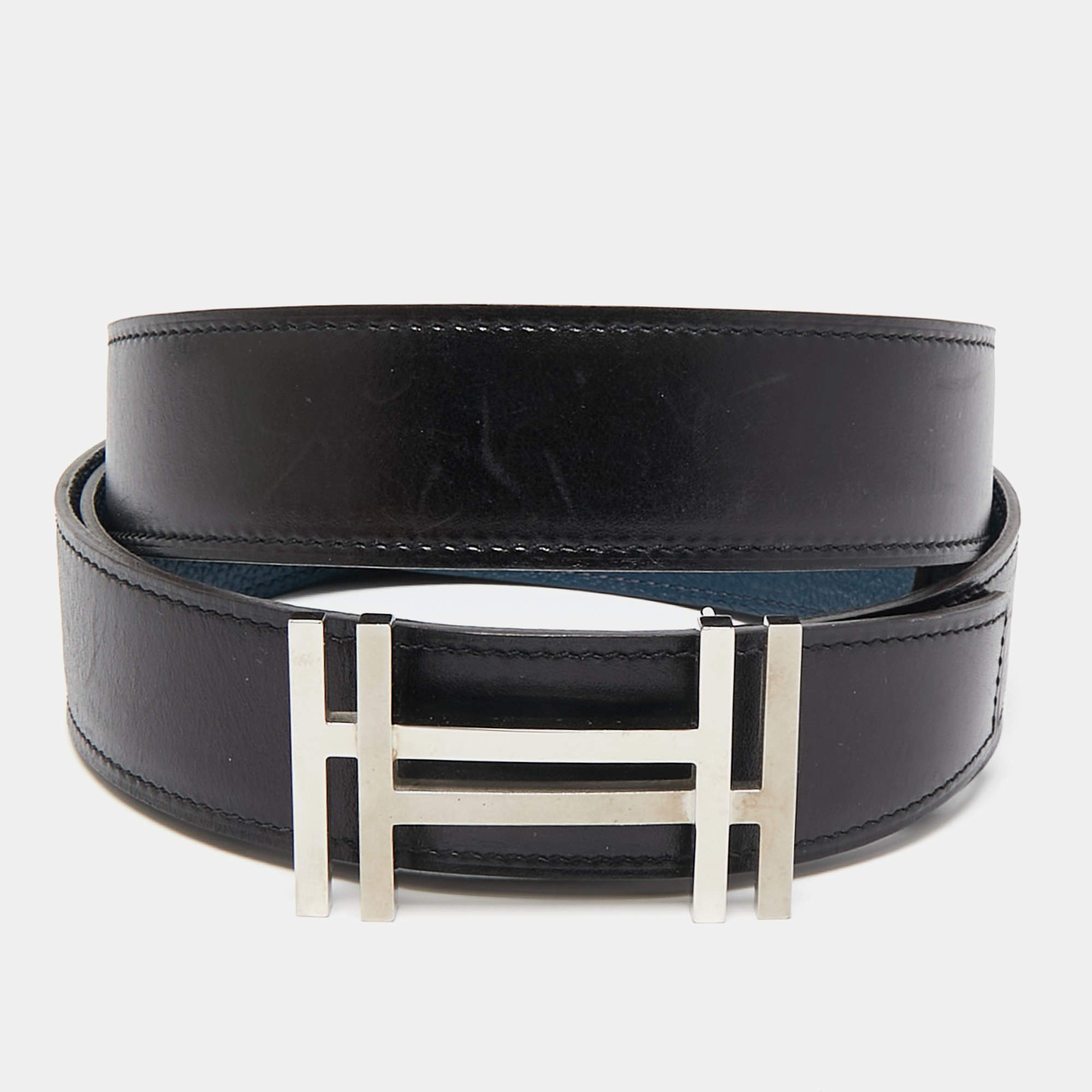 Hermes Noir/Bleu De Prusse Chamonix and Togo Leather H Au Carre Reversible Belt 100 CM