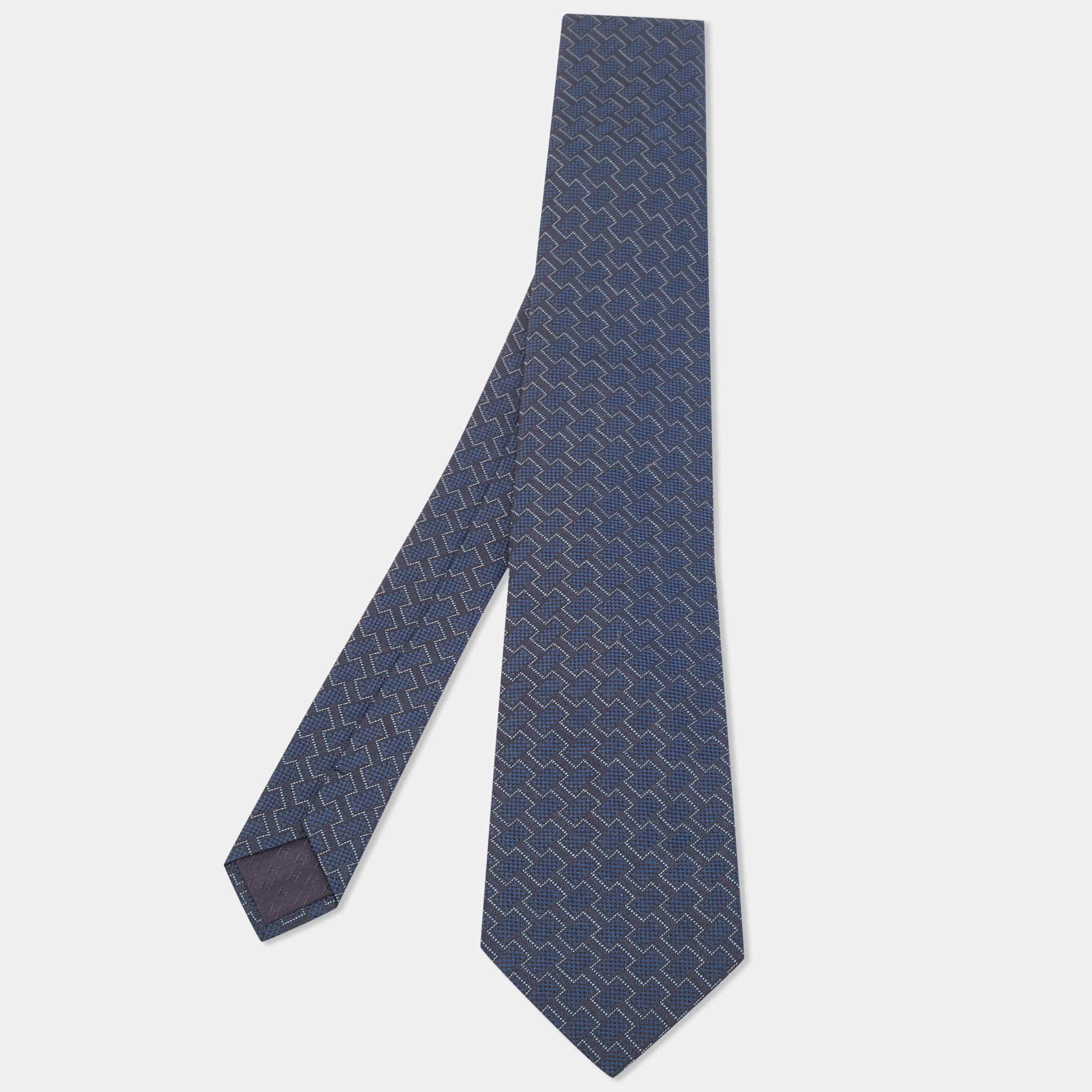 Pre Owned Hermes Navy Blue Patterned Silk Tie