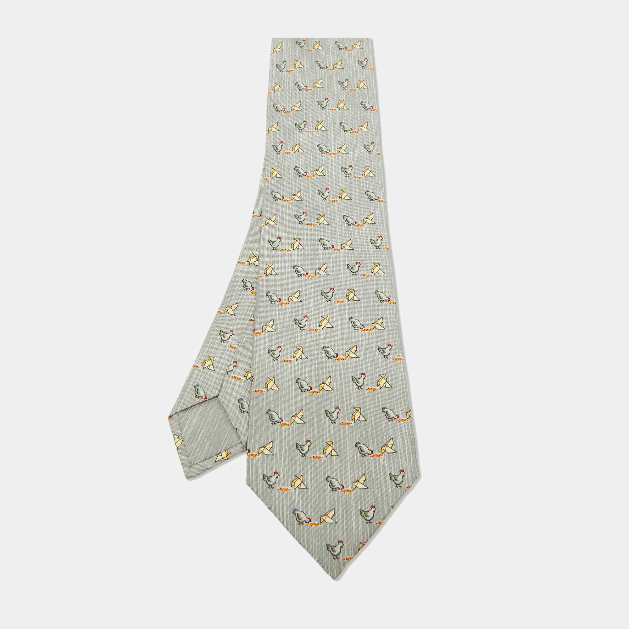Hermes Multicolor Whimsical Chickens Print Silk Classic Tie