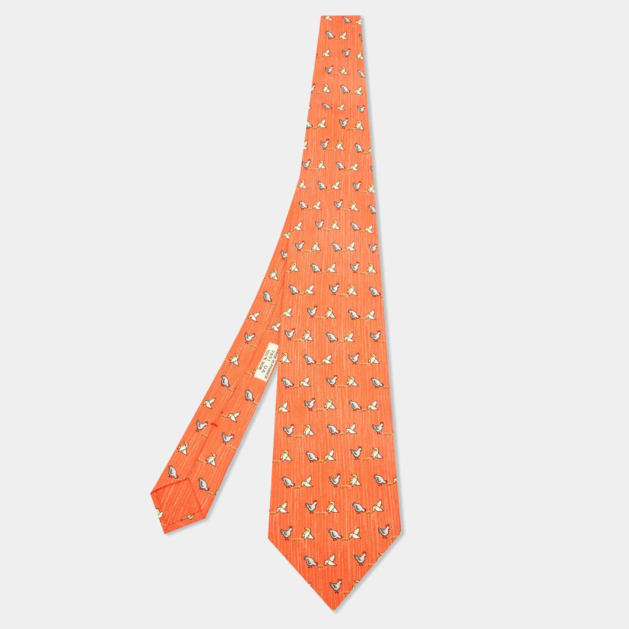 Hermès Orange Whimsical Chickens Print Silk Classic Tie