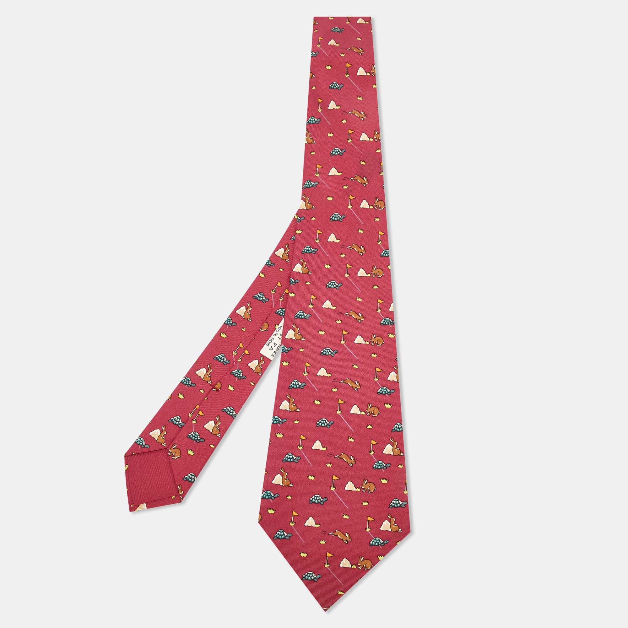Pre Owned Hermès Maroon Bunny/Turtle Print Silk Classic Tie