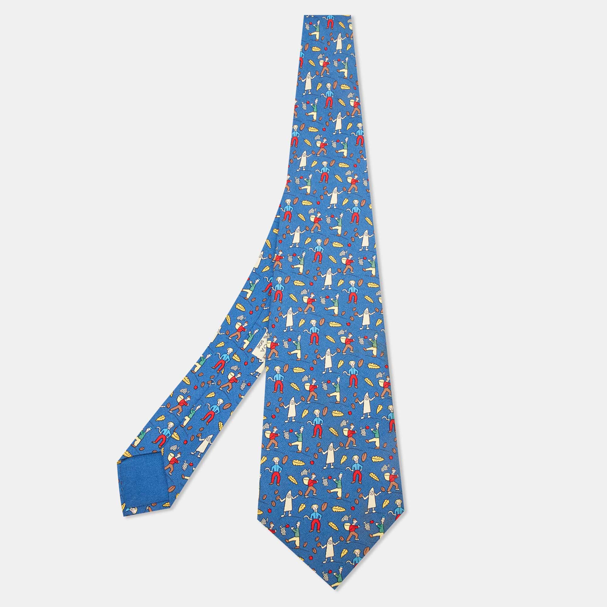 Pre Owned Hermès Blue Les Vendanges Print Silk Classic Tie