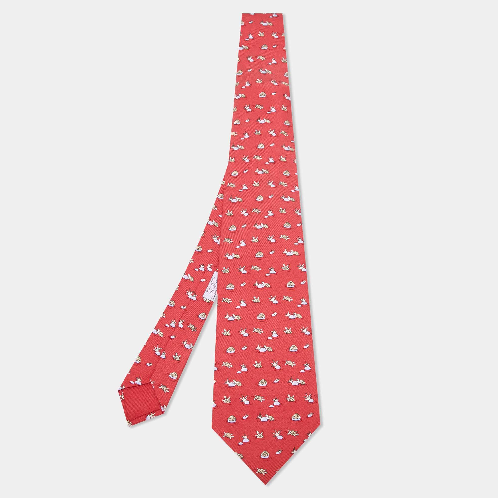 Hermès Red Whimsical Turtles Print Silk Classic Tie