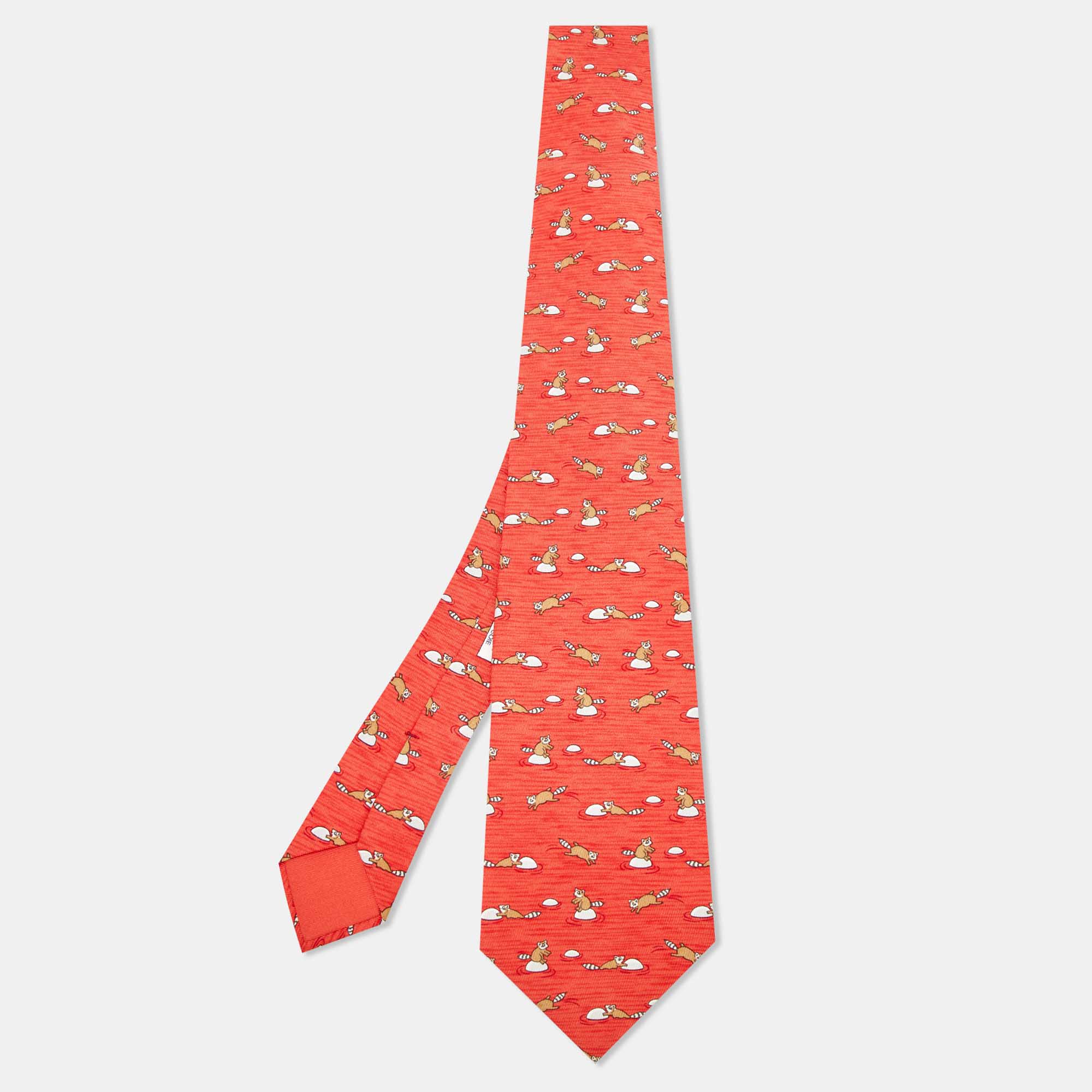 Hermès Orange Raccoon Print Silk Classic Tie