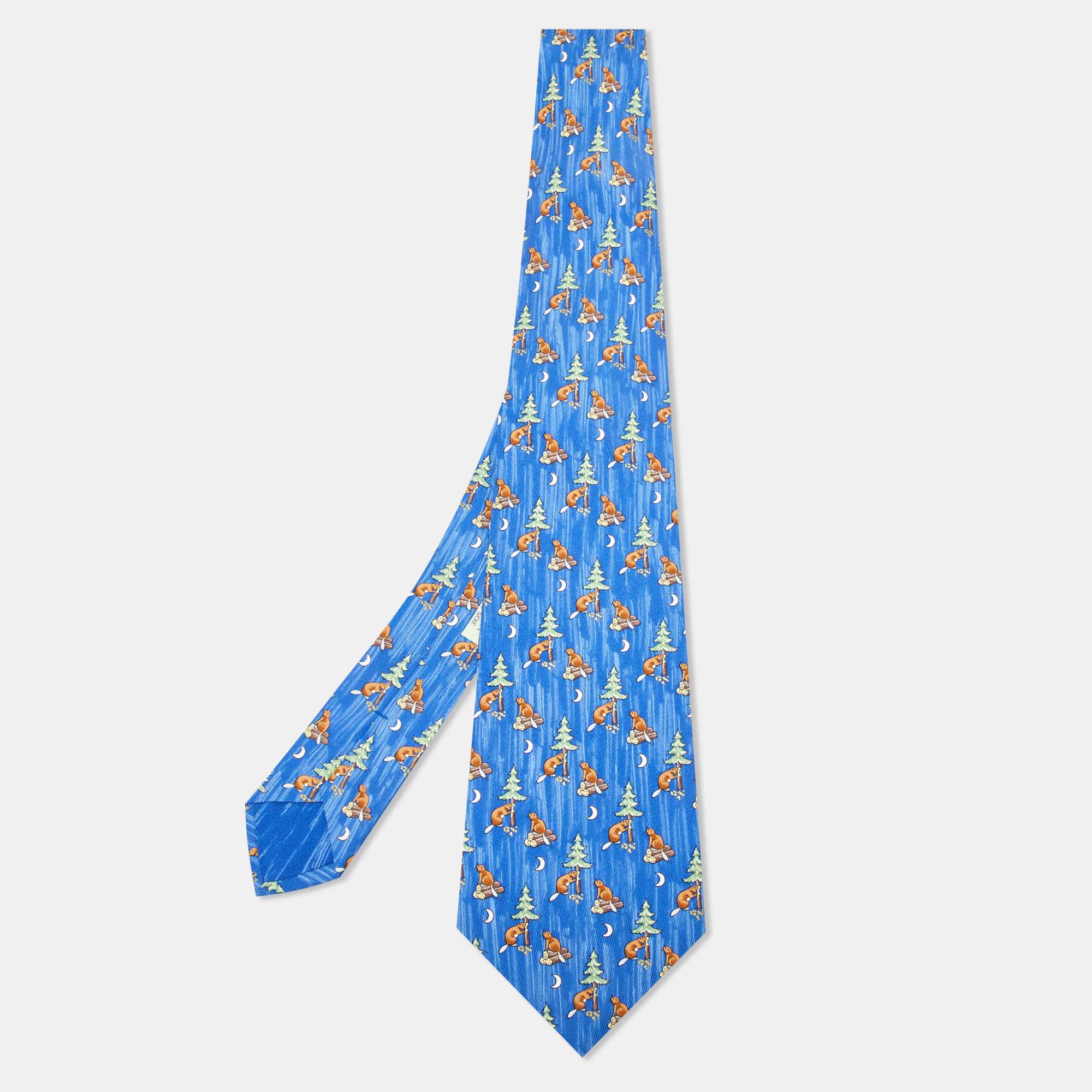 Hermès Blue Beavers Print Silk Classic Tie