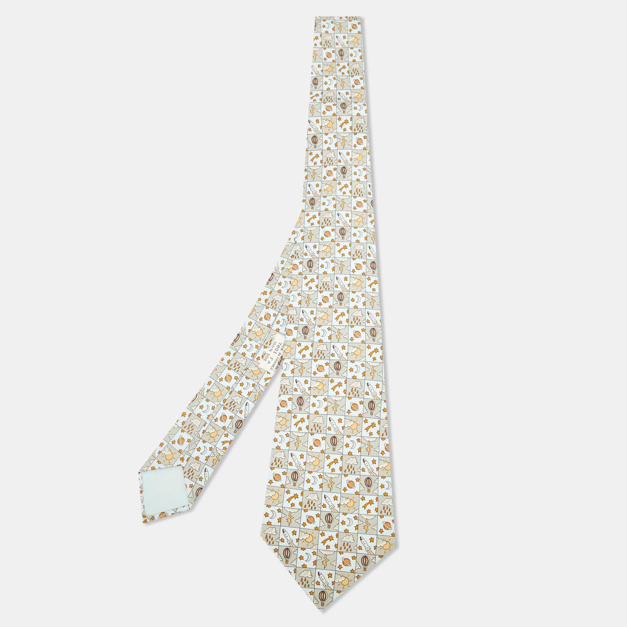 Hermès Multicolor Whimsical Space and Weather Pattern Silk Classic Tie