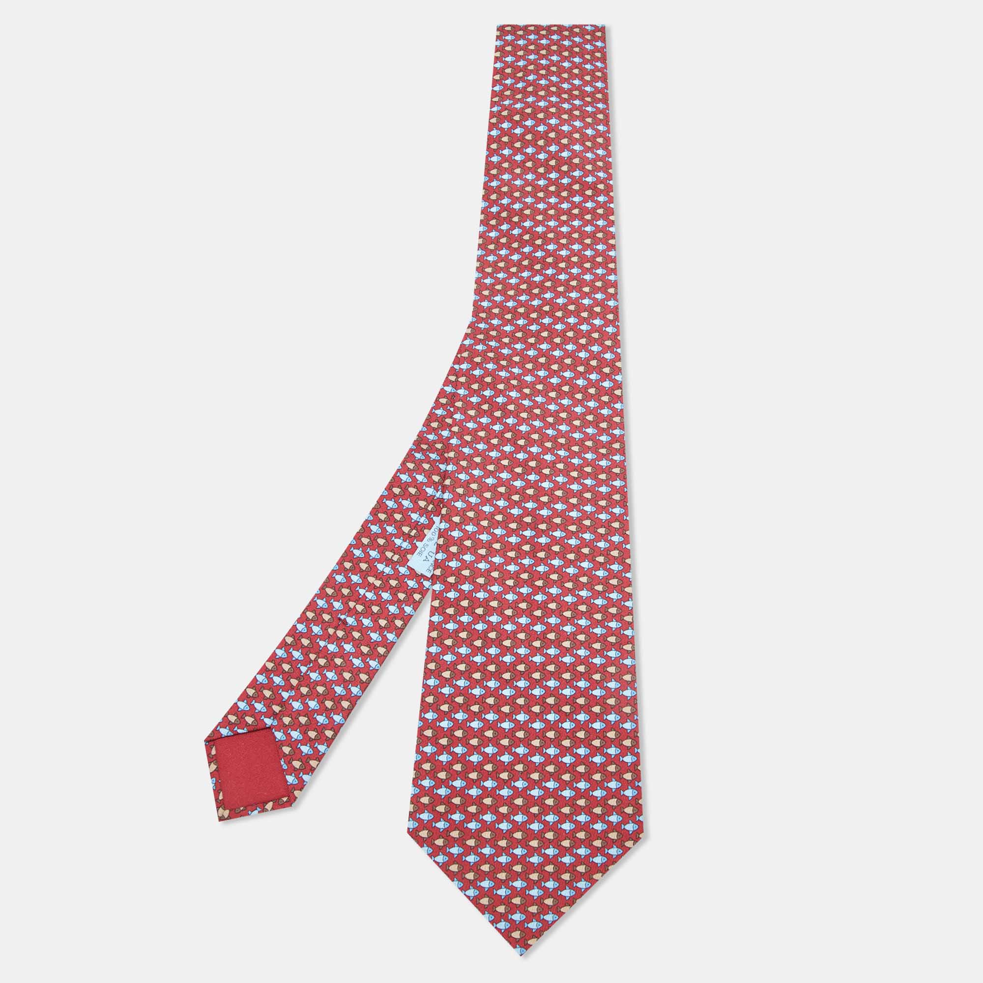 Pre Owned Hermès Red Printed Fish Silk Classic Tie