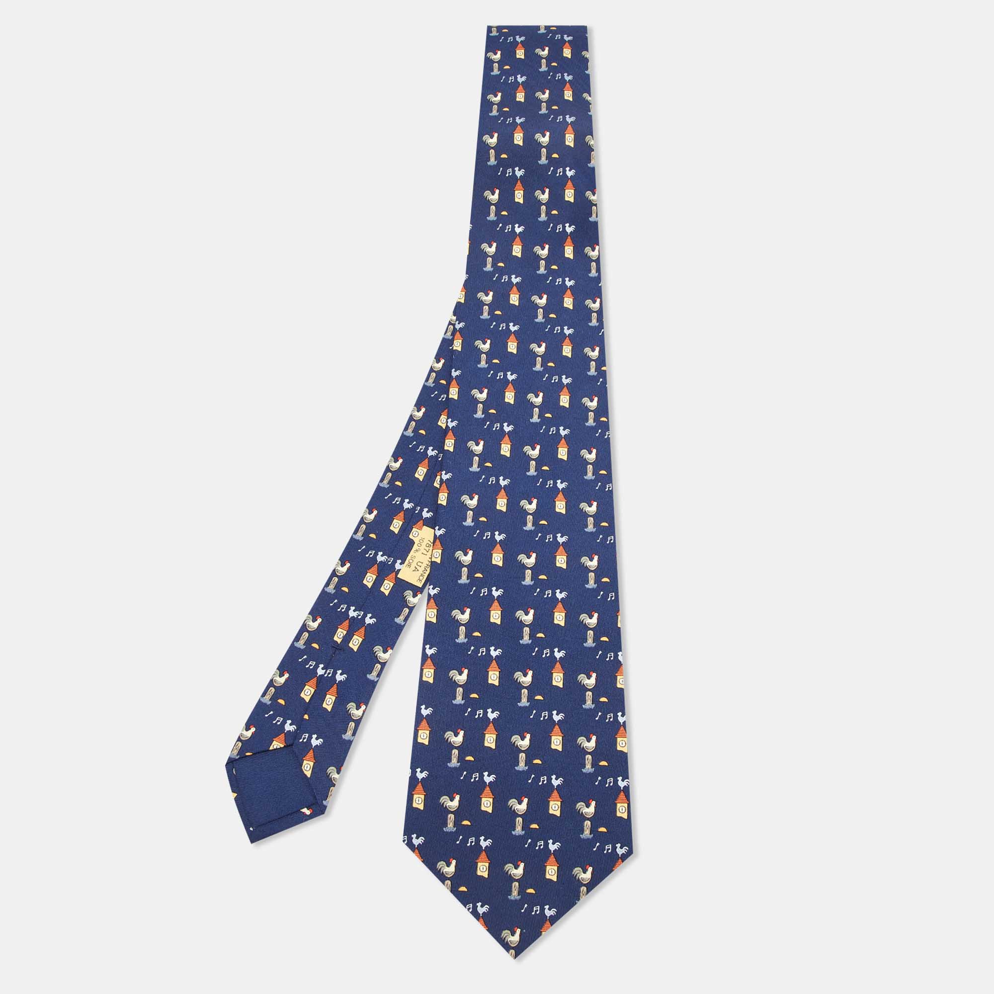 Pre Owned Hermès Blue Rooster Clock Print Silk Classic Tie
