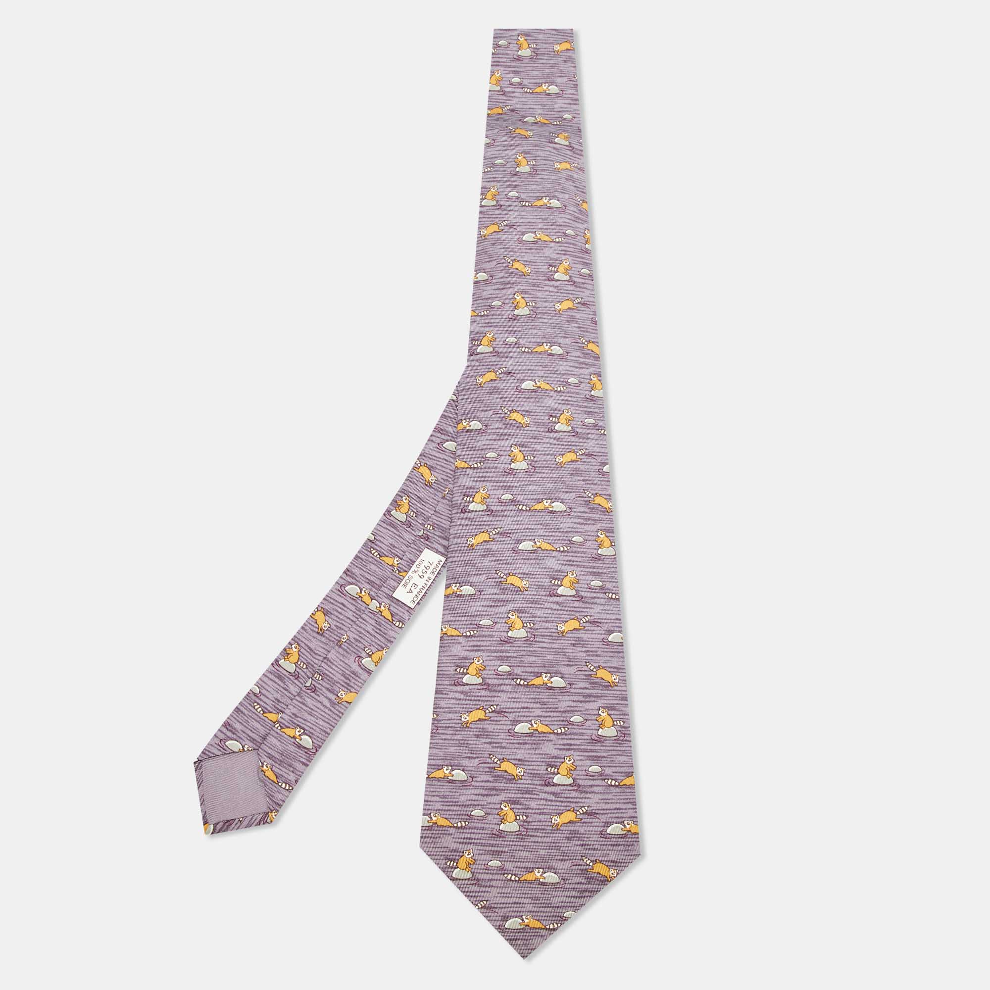 Hermès Purple Raccoon Print Silk Tie