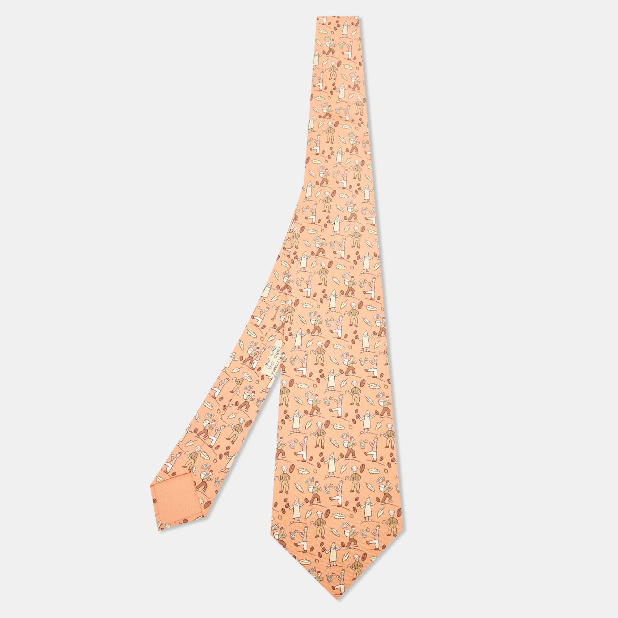 Pre Owned Hermès Peach Les Vendanges Silk Tie