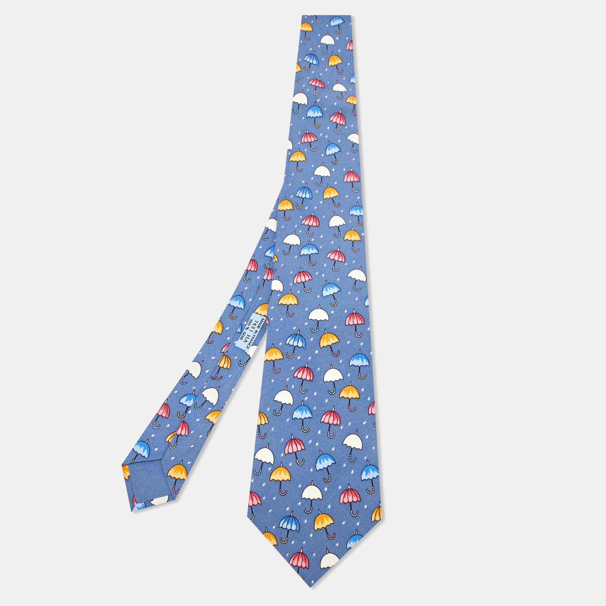 Hermès Blue Umbrella Print Silk Tie