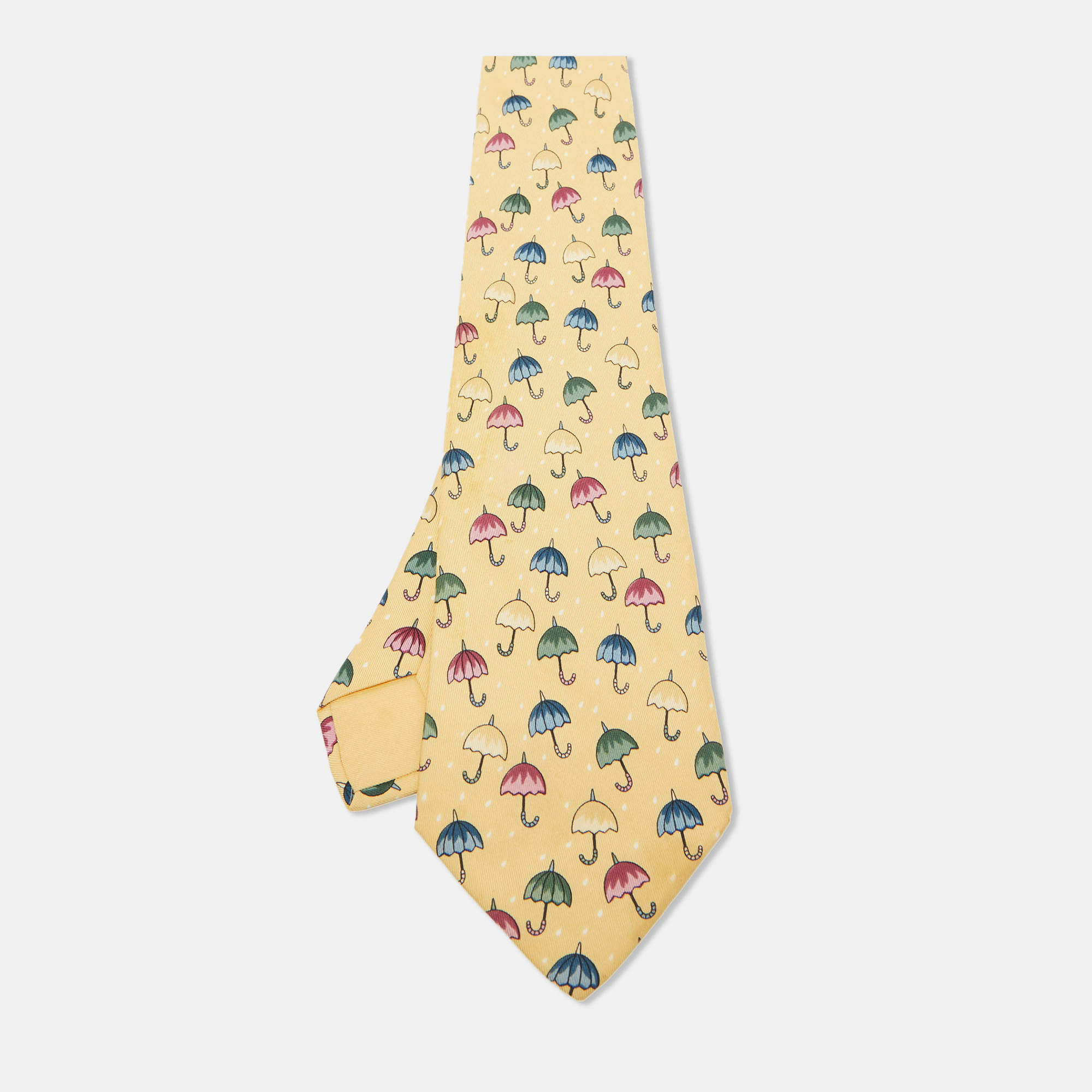 Hermes Yellow Umbrella Print Silk Tie