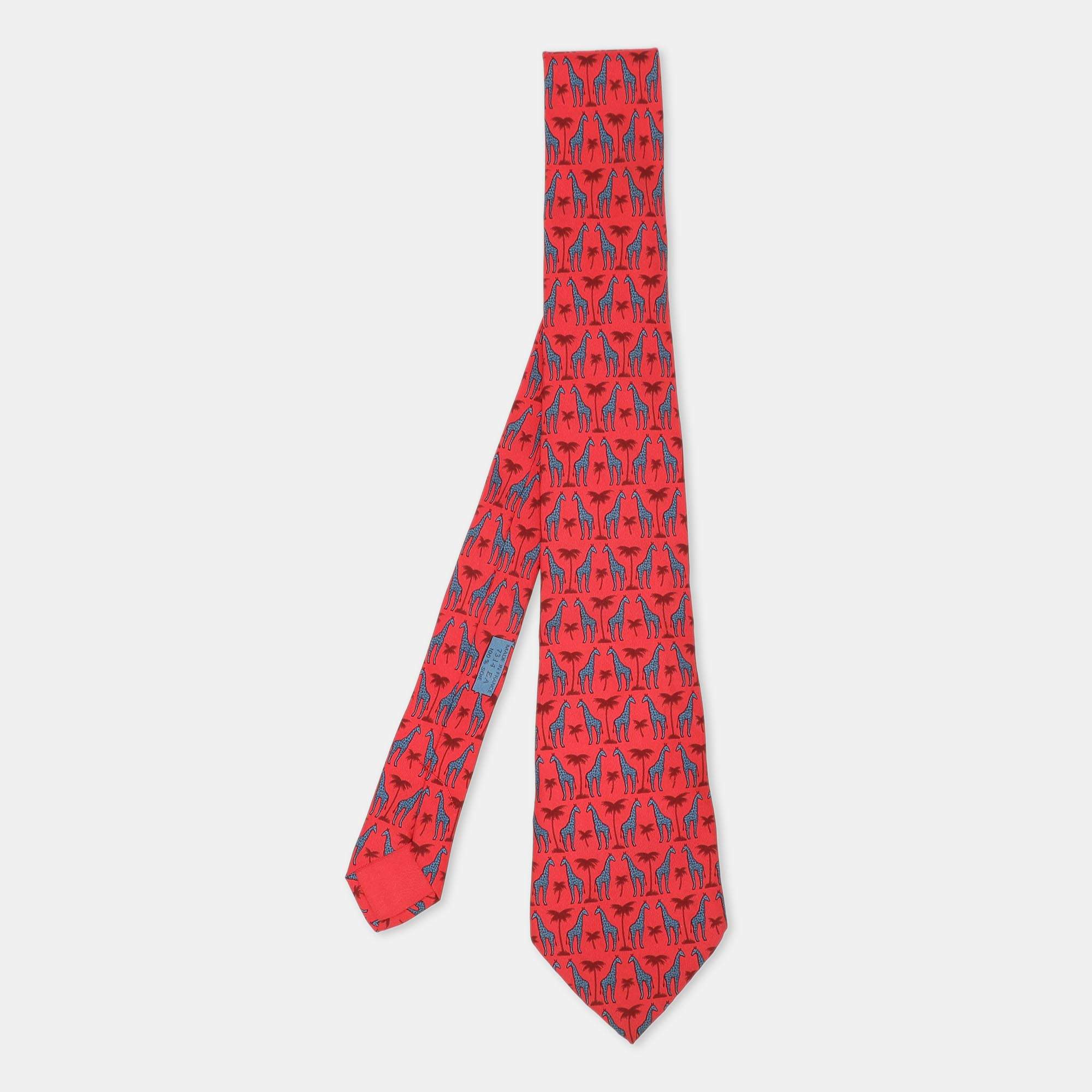 Hermes Red Giraffe and Palm Tree Print Silk Tie