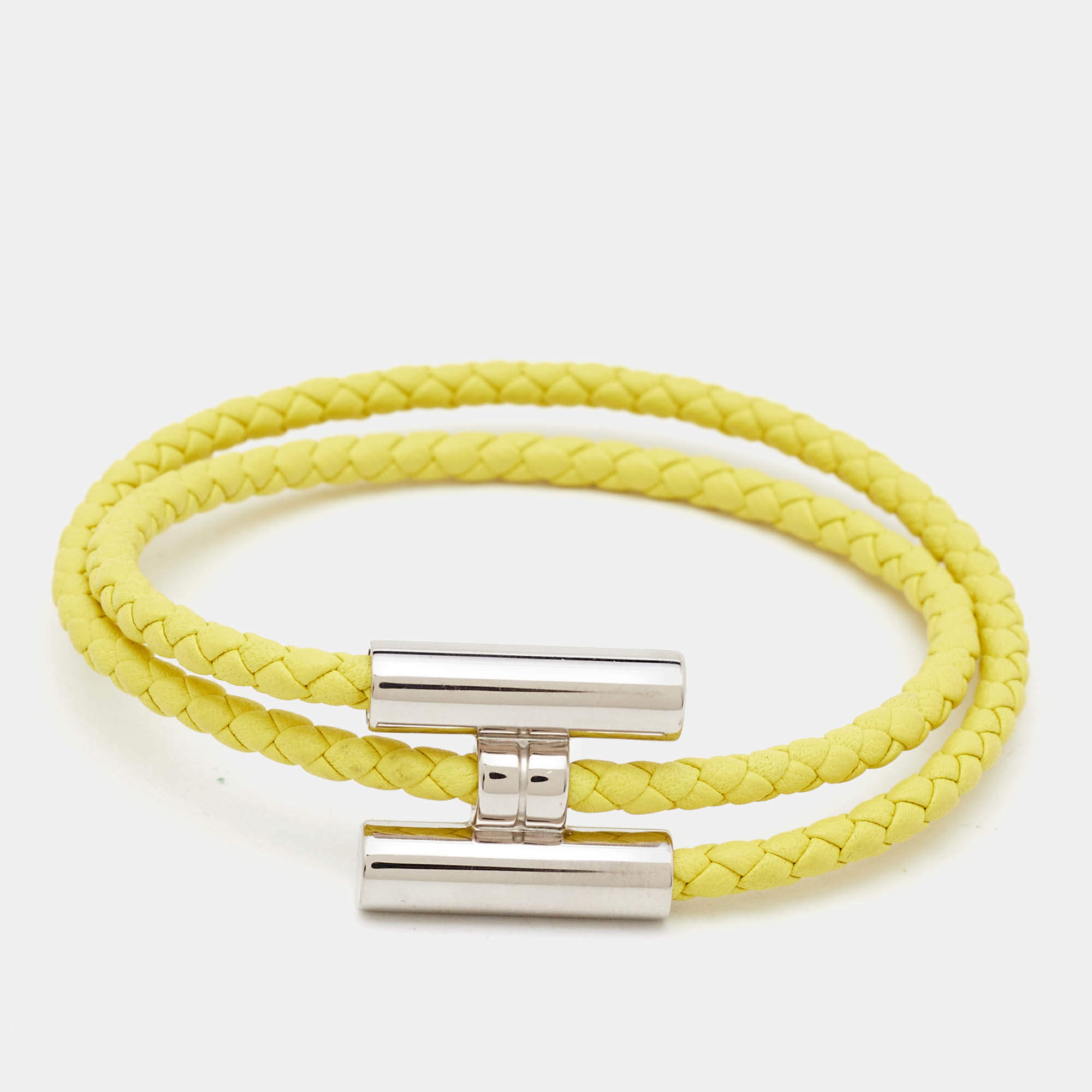 Hermès Tournis Tresse Yellow Leather Palladium Plated Bracelet