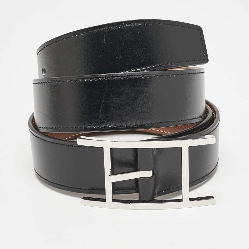 Pre Owned Hermès Noir/Gold Box and Togo Leather Quentin Reversible Belt 90 CM