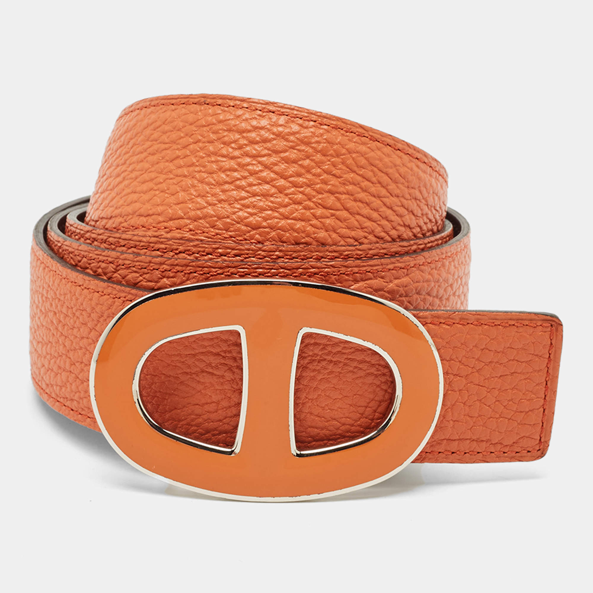 Pre Owned Hermès Orange/Chocolate Togo and Box Leather Athena Reversible Belt