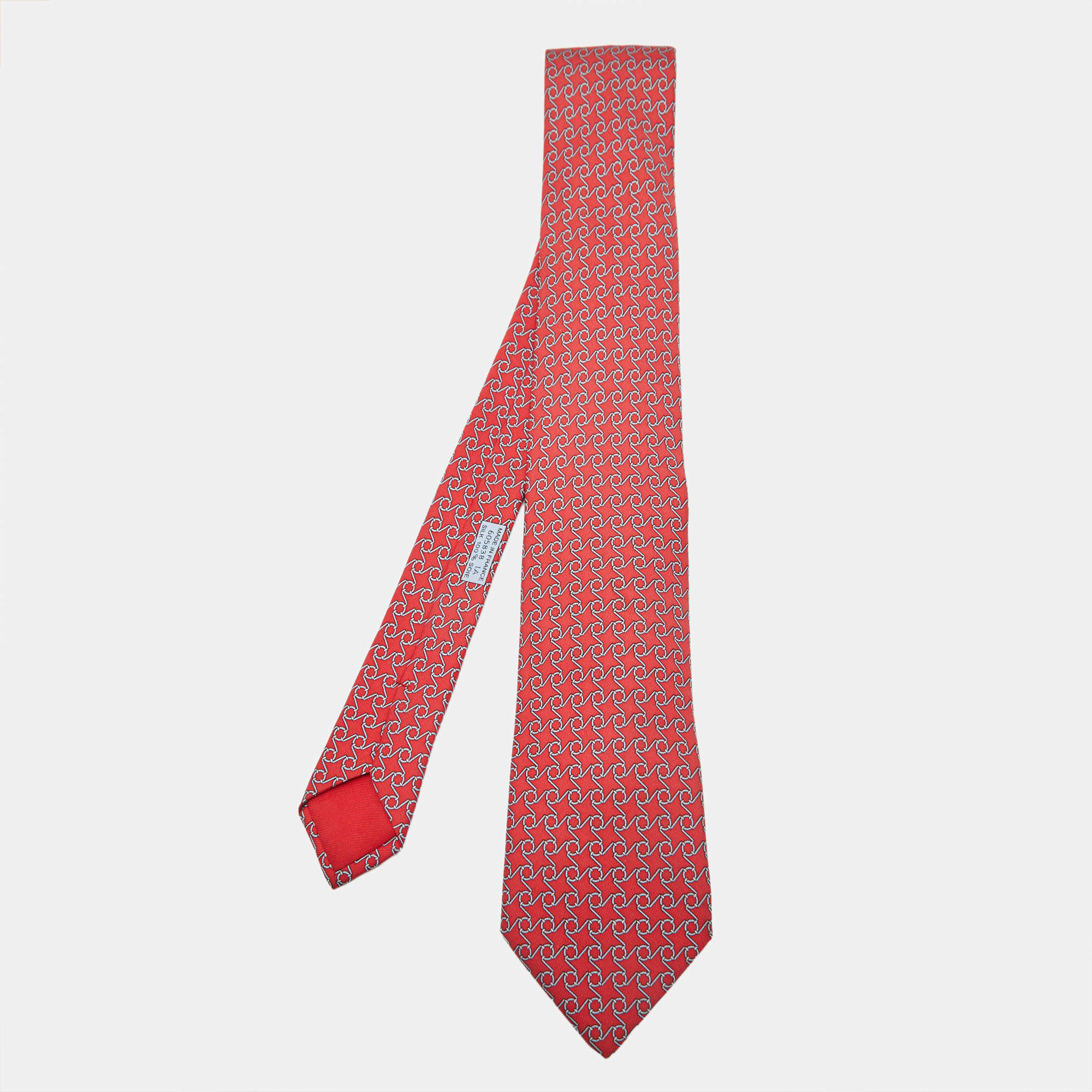 Pre Owned Hermes Red Printed Silk Classic Tie