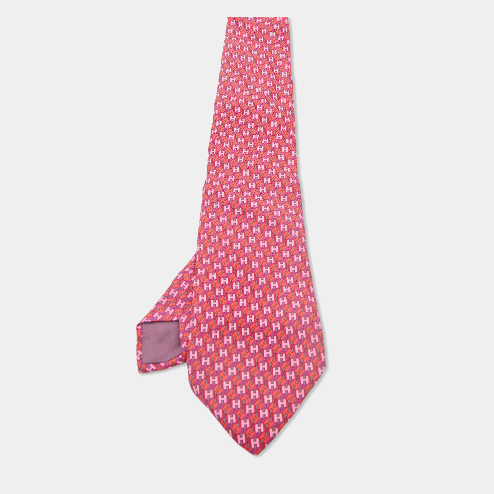 Hermès Pink H Patterned Silk Classic Tie
