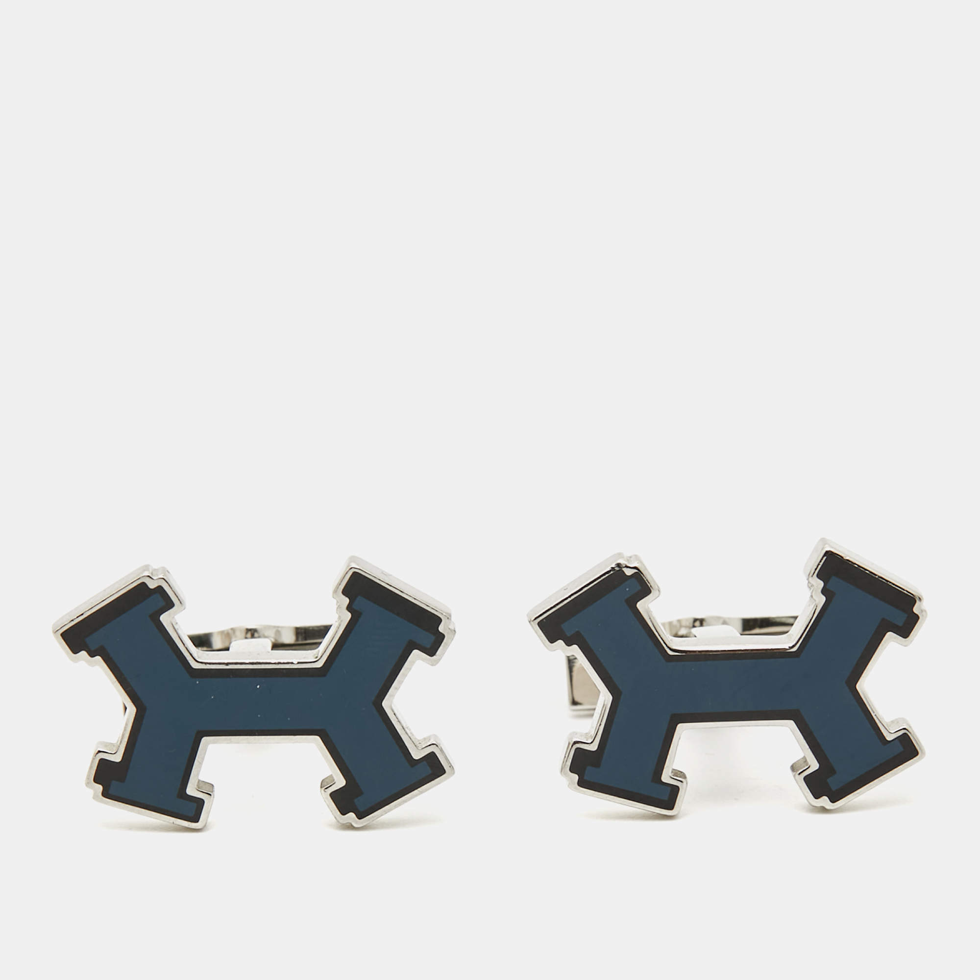 Pre Owned Hermès Dark Blue Street H Enamel Palladium Plated Cufflinks