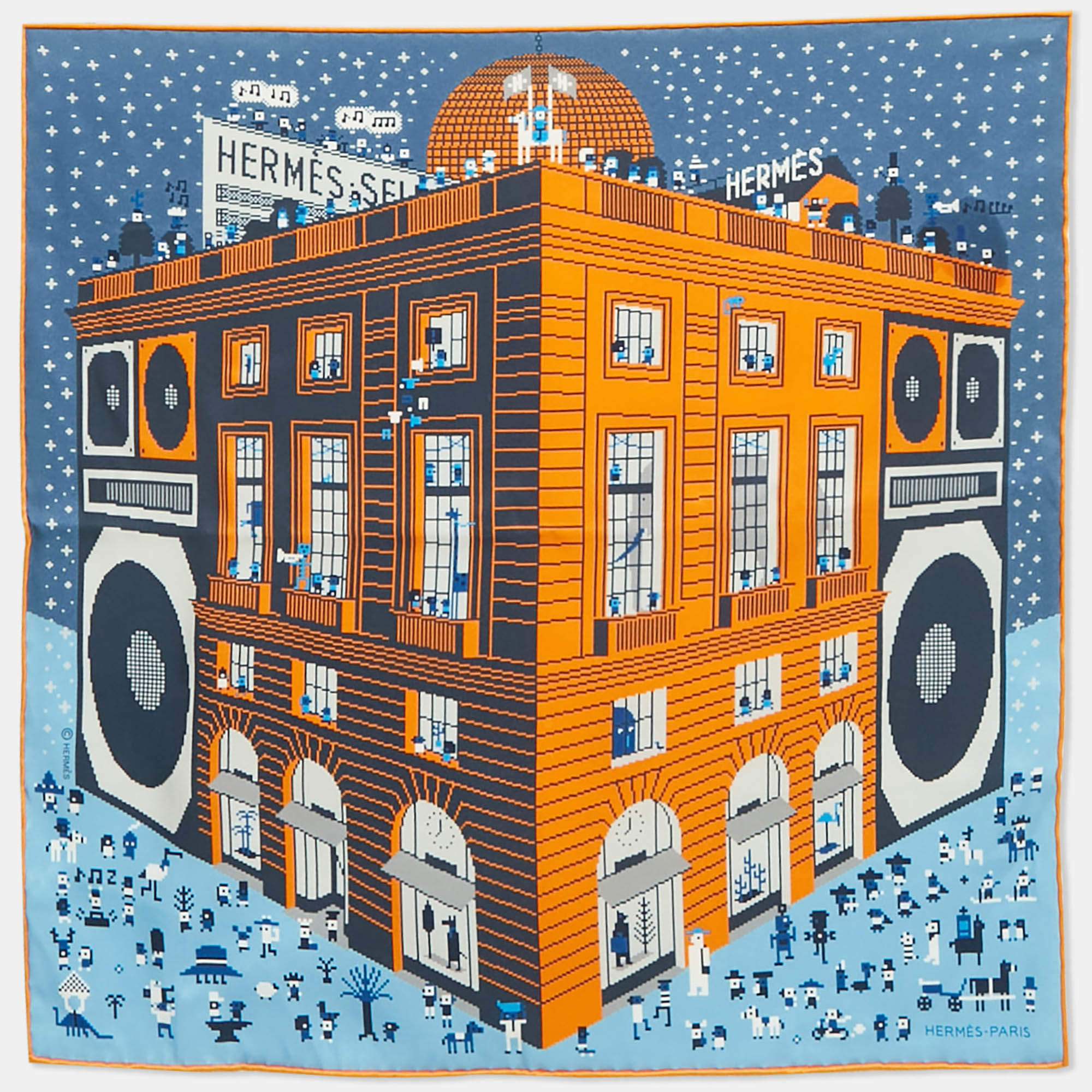 Pre Owned Hermès Blue/Orange Silk Faubourg Party Pocket Square