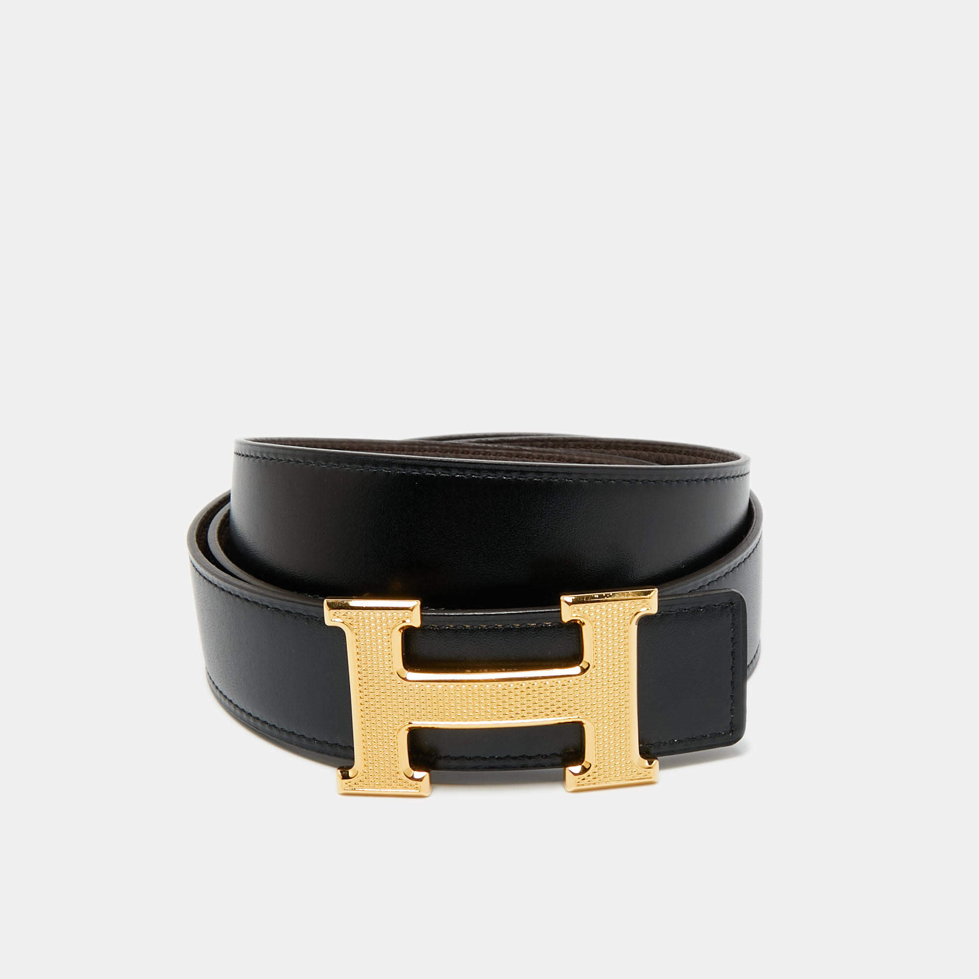 مملوكة مسبقًا Hermes Noir/Cacao Box and Togo Leather Guillochee H Buckle Reversible Belt 90 CM