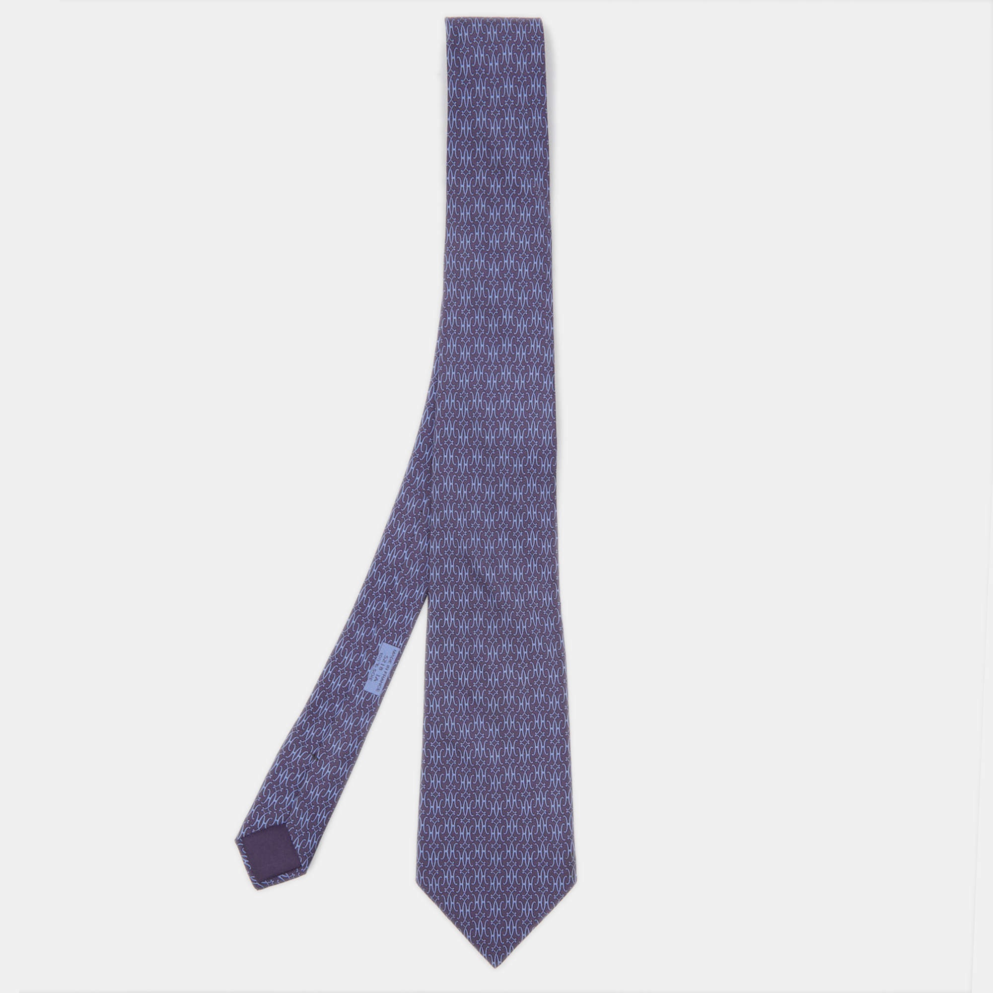 Pre Owned Hermès Purple H Print Silk Traditional Tie