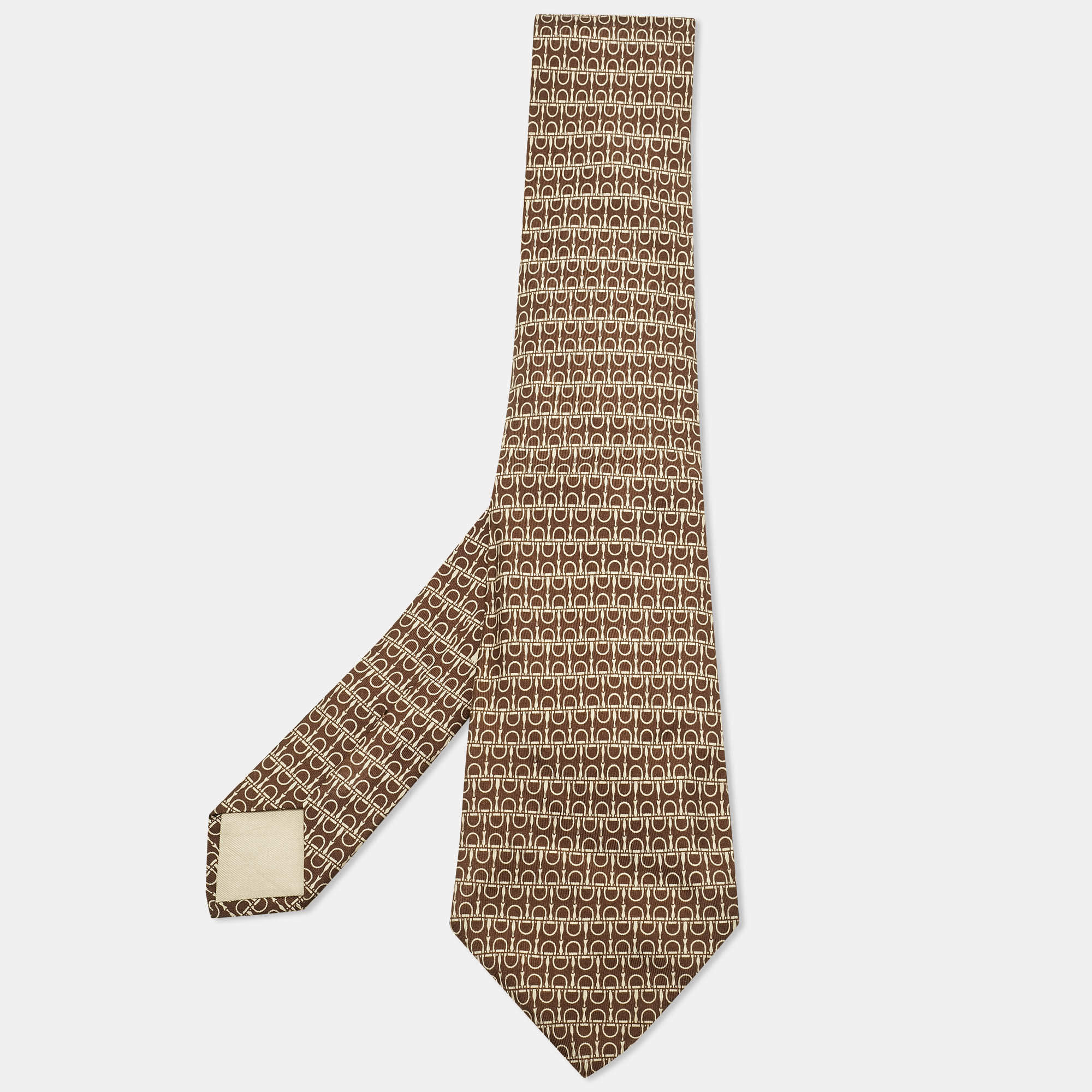 Pre Owned Hermès Brown Horse Bit Print Silk Traditional Tie