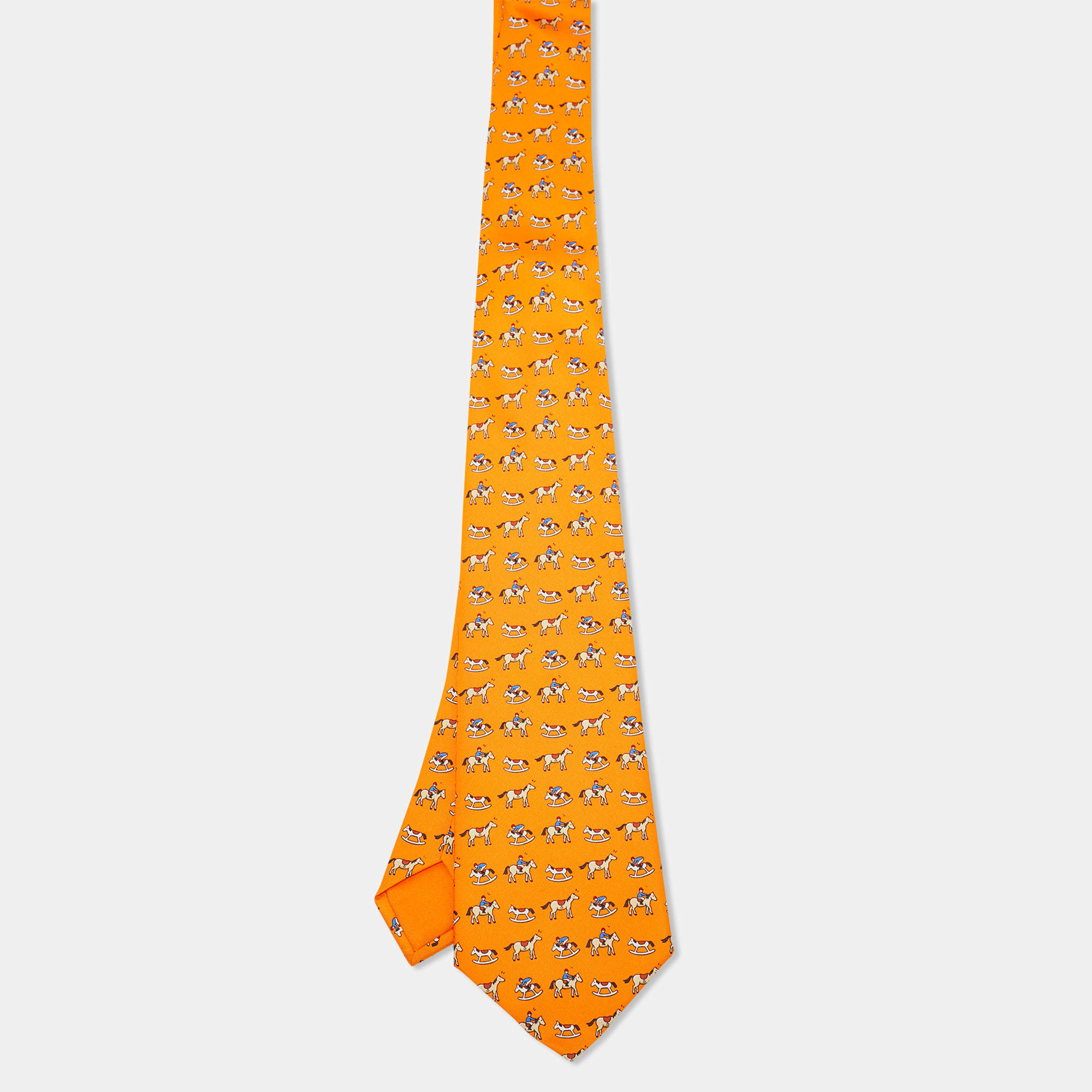 Pre Owned Hermès Orange Rocking Horse Print Silk Tie 