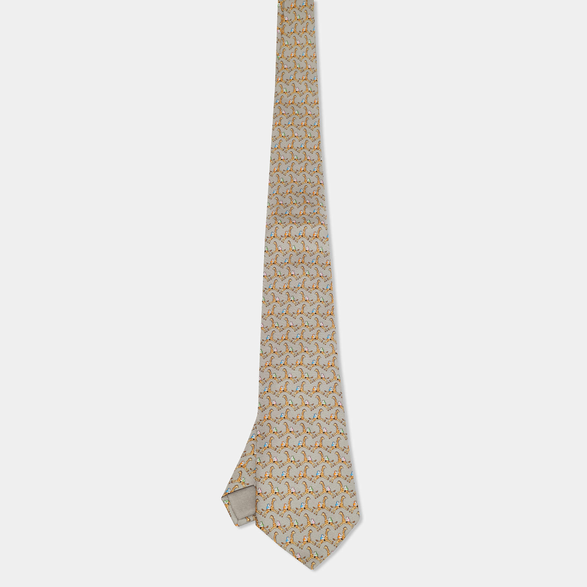 Pre Owned Hermès Grey Giraffe Riding Print Silk Tie