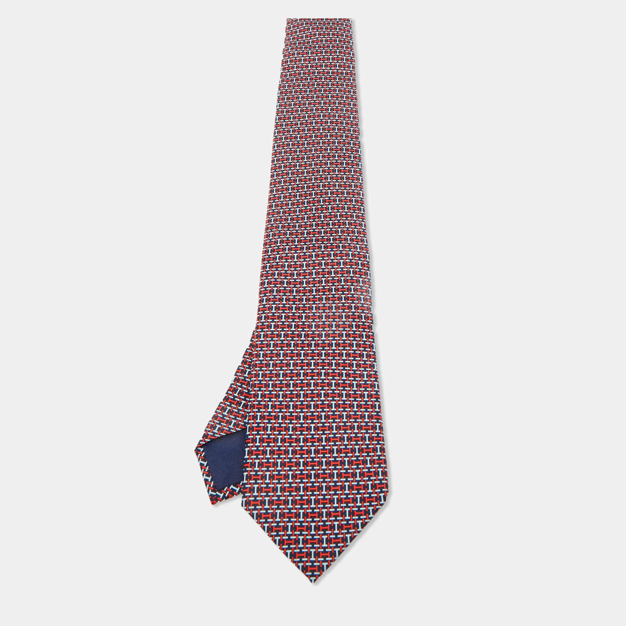 Pre Owned Hermès Navy Blue/Red All-Over H Print Silk Tie