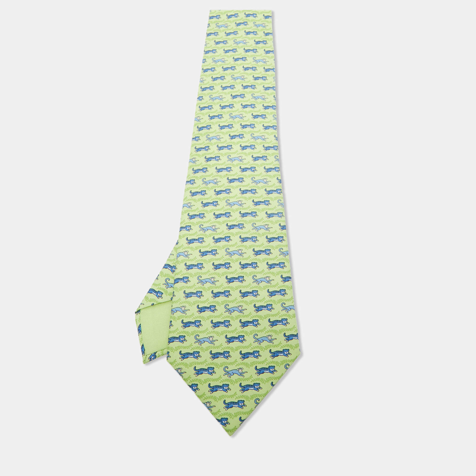 Pre Owned Hermes Green Tiger and Monkey Print Silk Traditional Tie
