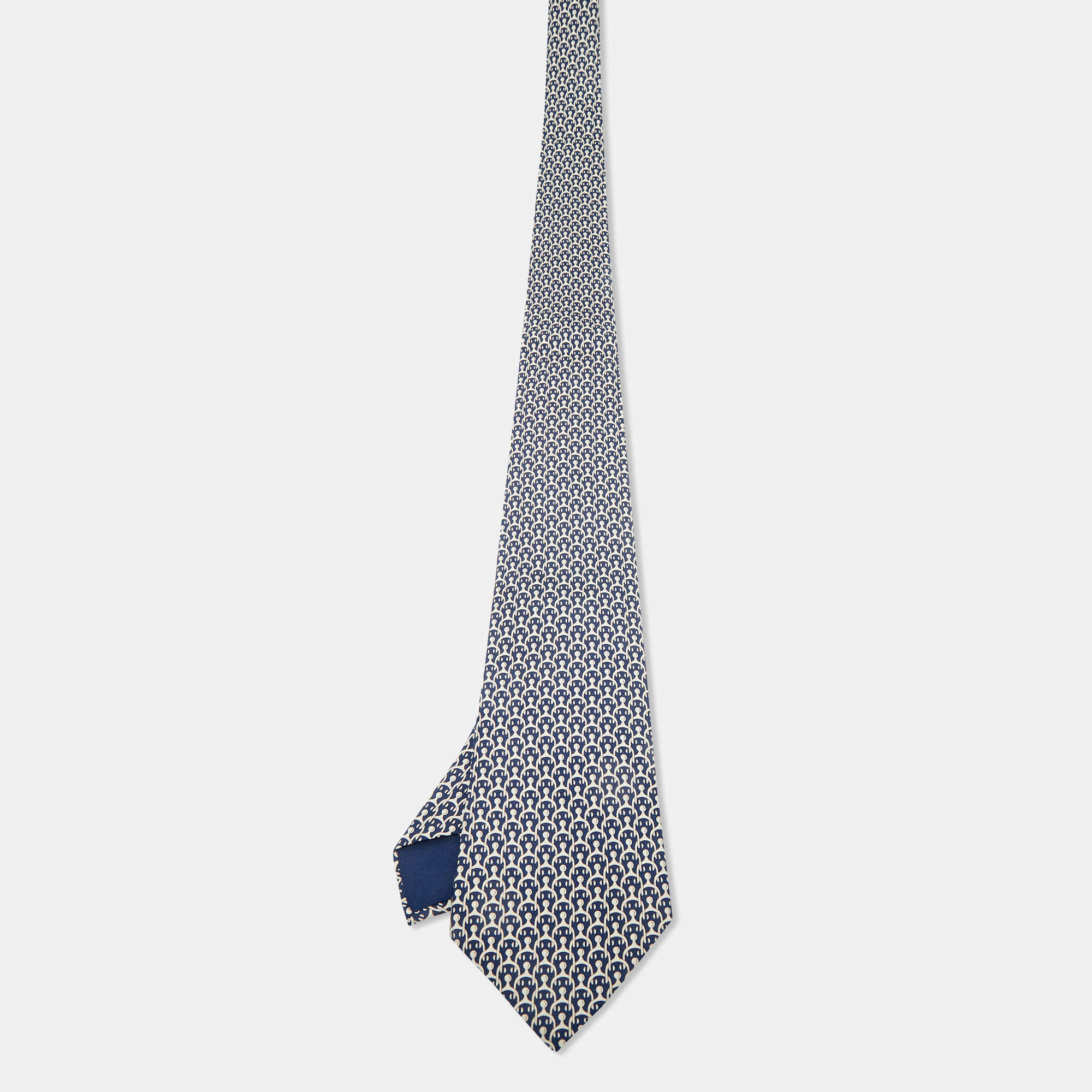 Pre Owned Hermès Navy Blue Print Silk Traditional Tie