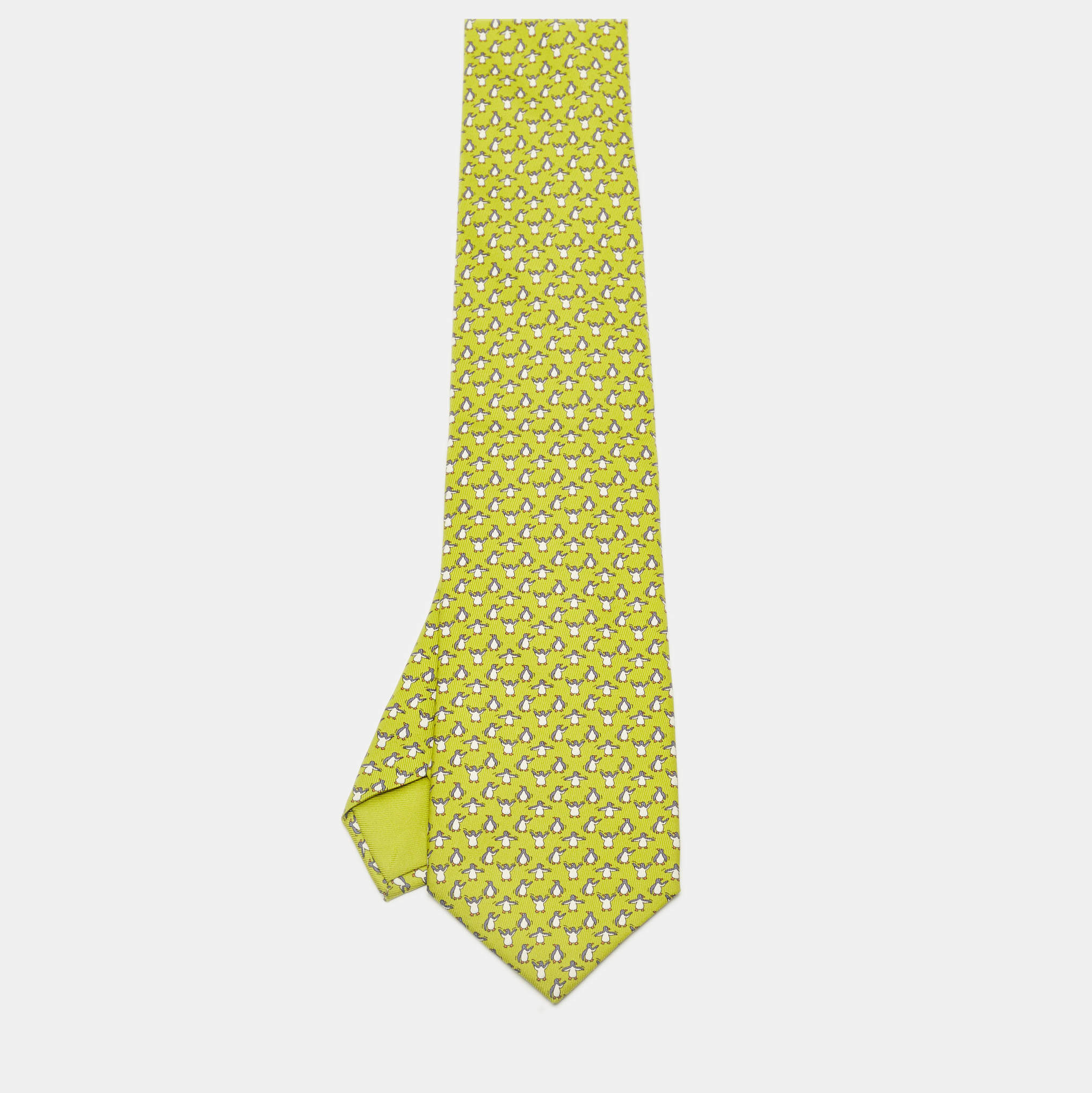 Pre Owned Hermès Green Whimsical Penguins Print Silk Tie