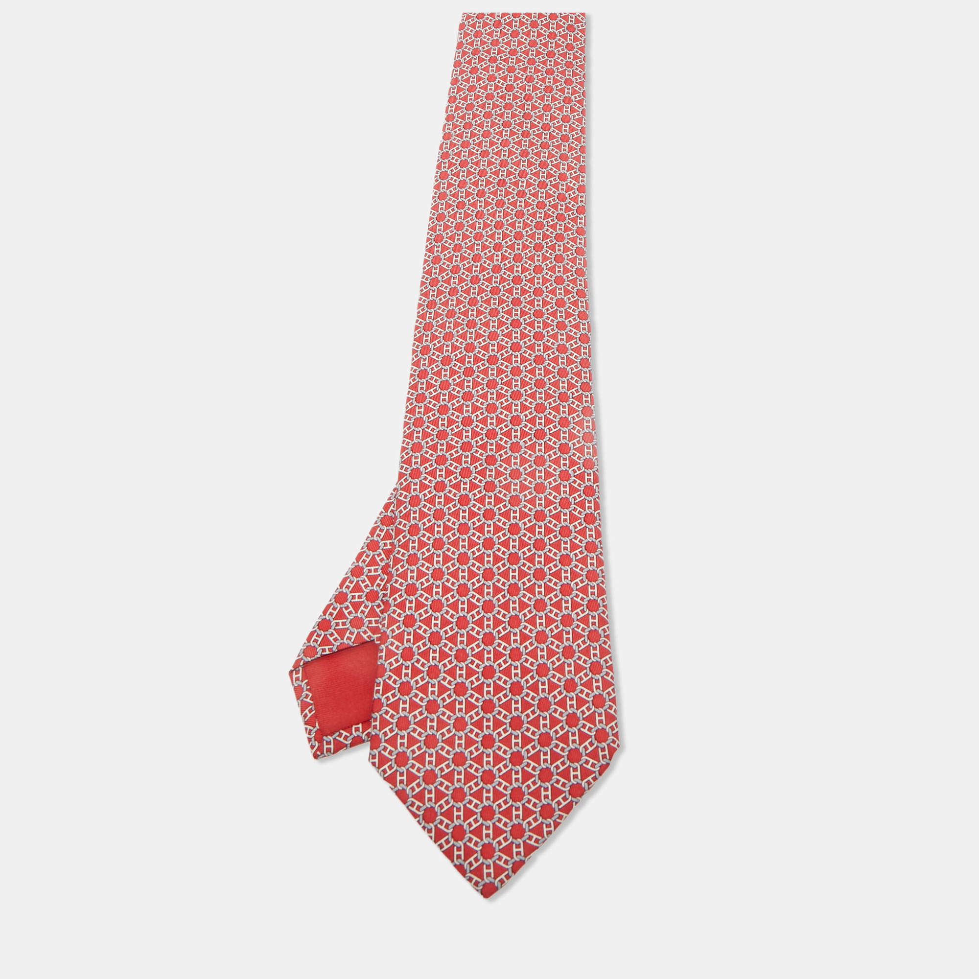 Pre Owned Hermès Red Geomteric Print Silk Tie