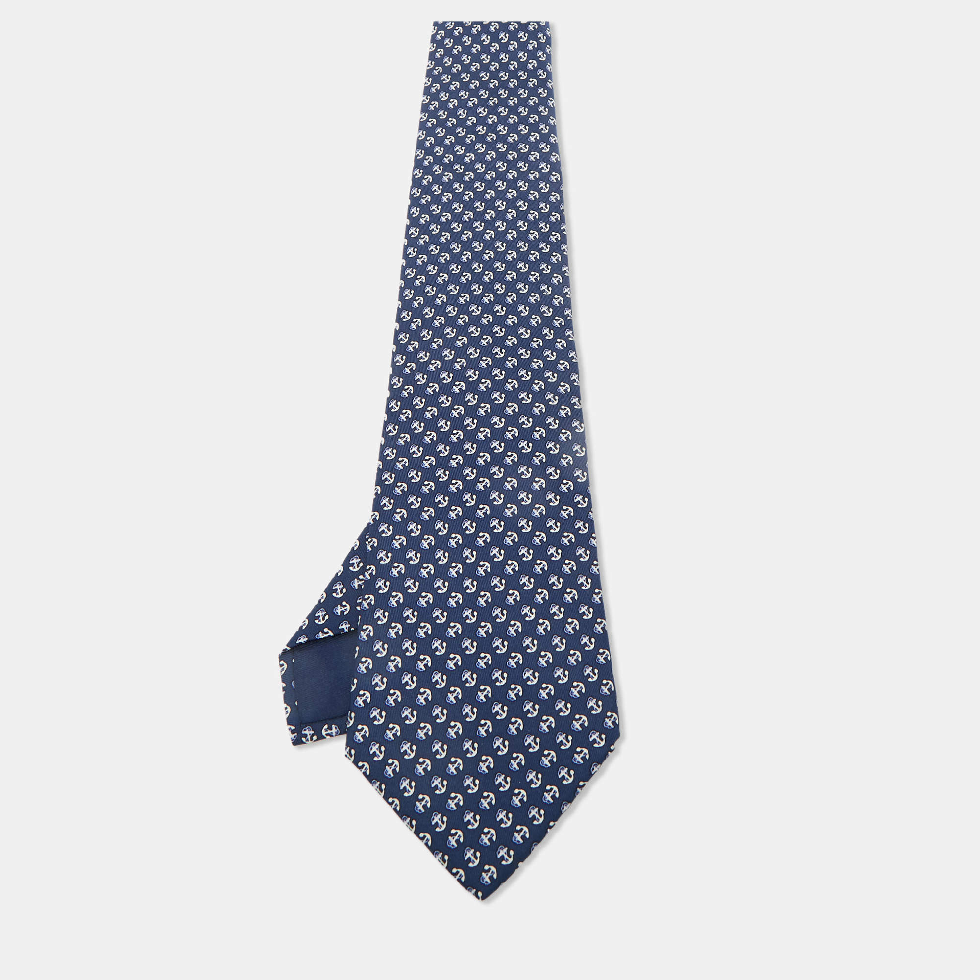 Pre Owned Hermès Blue Anchor Print Silk Traditional Tie 