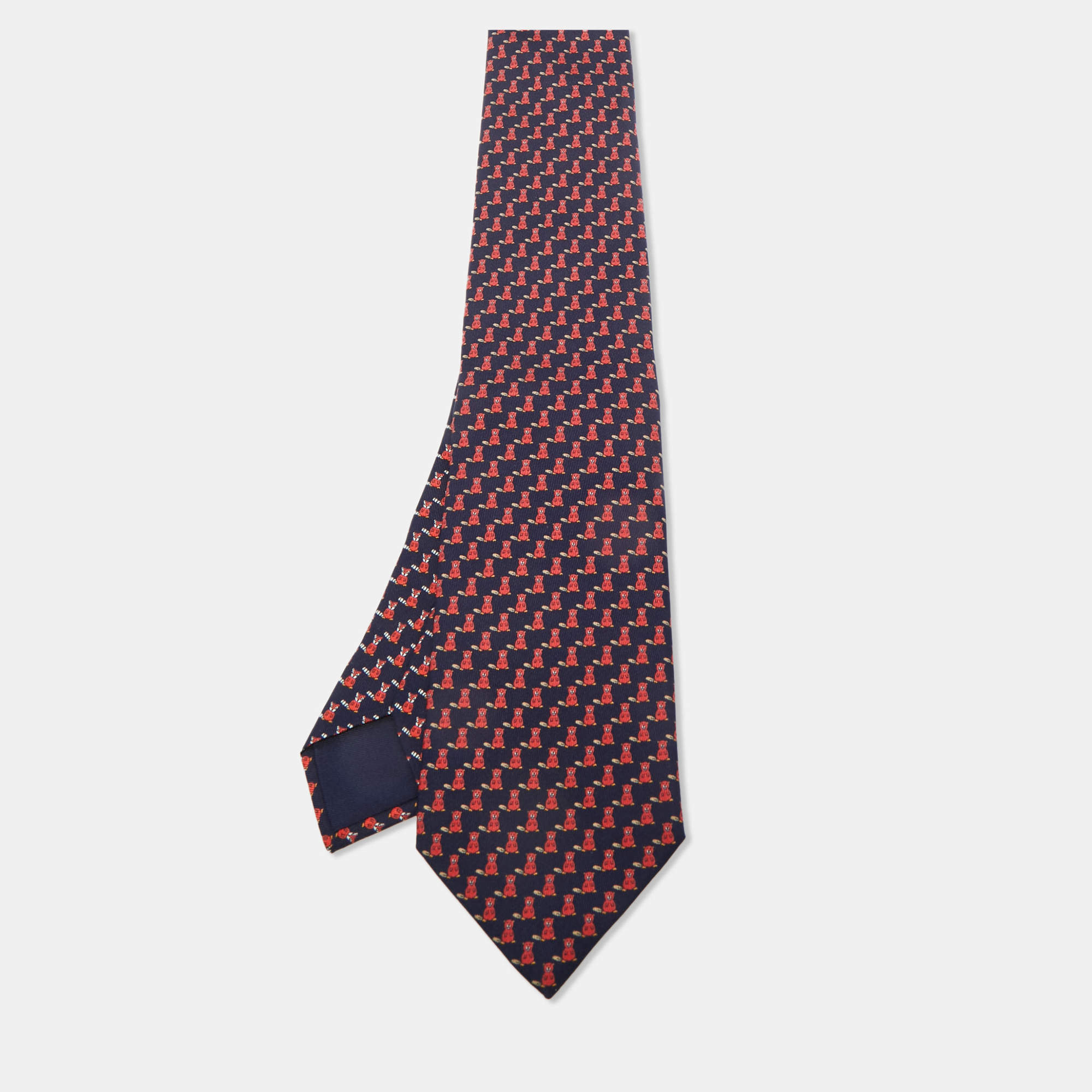 Pre Owned Hermès Blue Seal and Fox Print Silk Tie