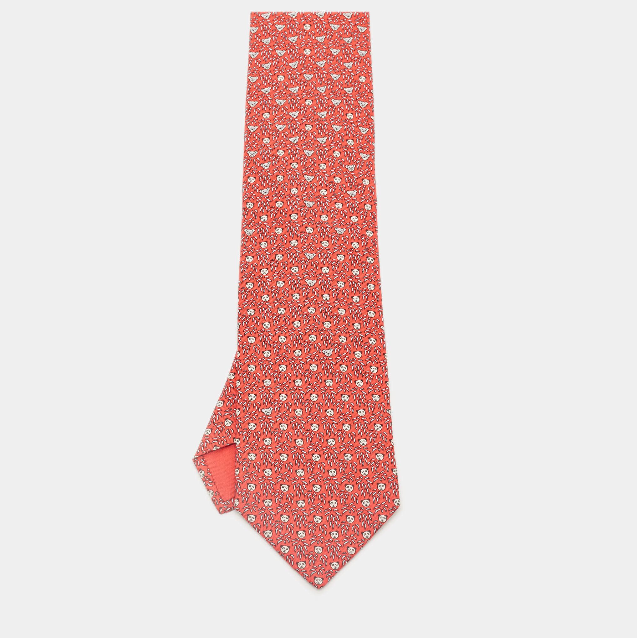 Pre Owned Hermès Red Panda Print Silk Tie