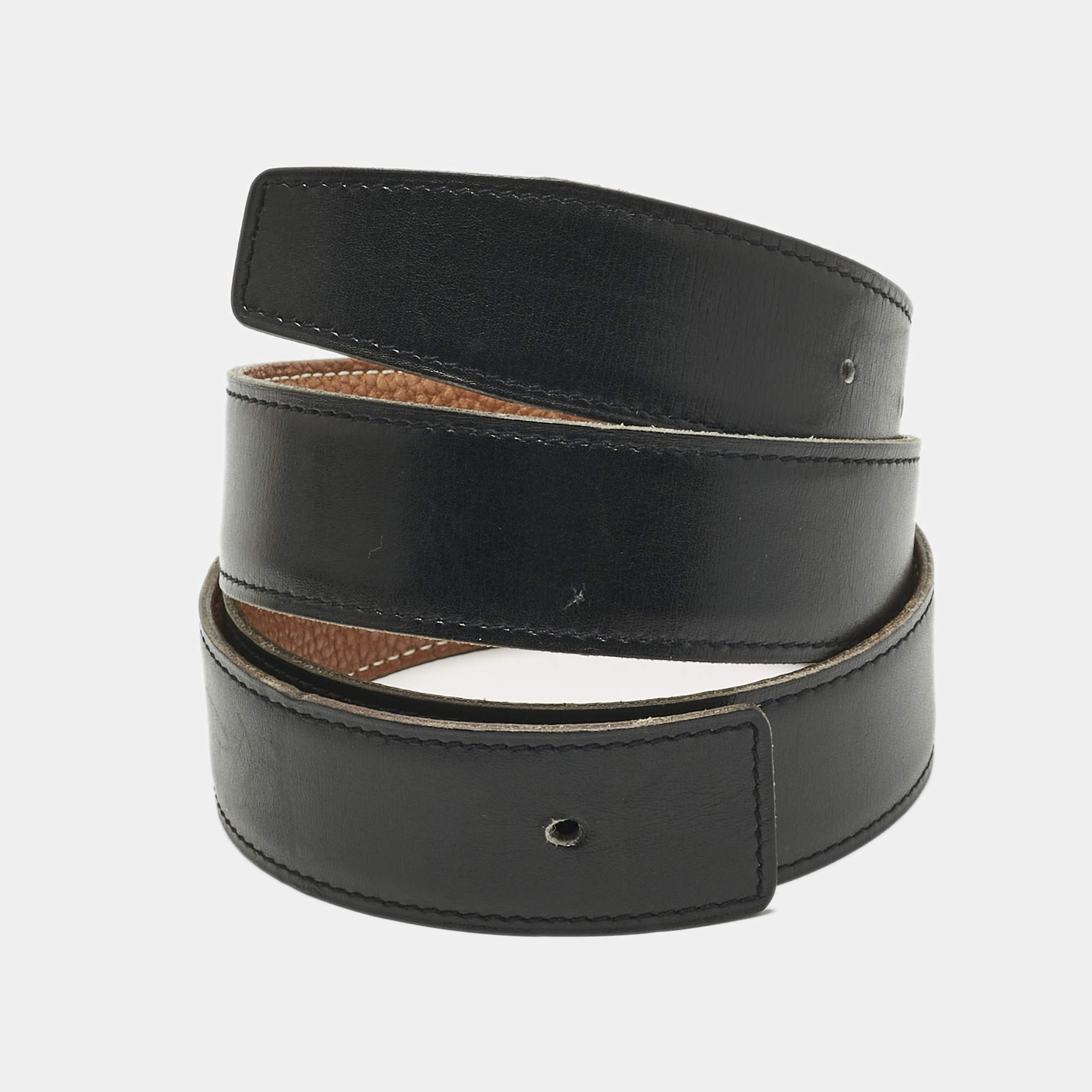 Pre Owned Hermes Gold/Noir Togo and Box Leather Reversible Belt Strap 90 CM