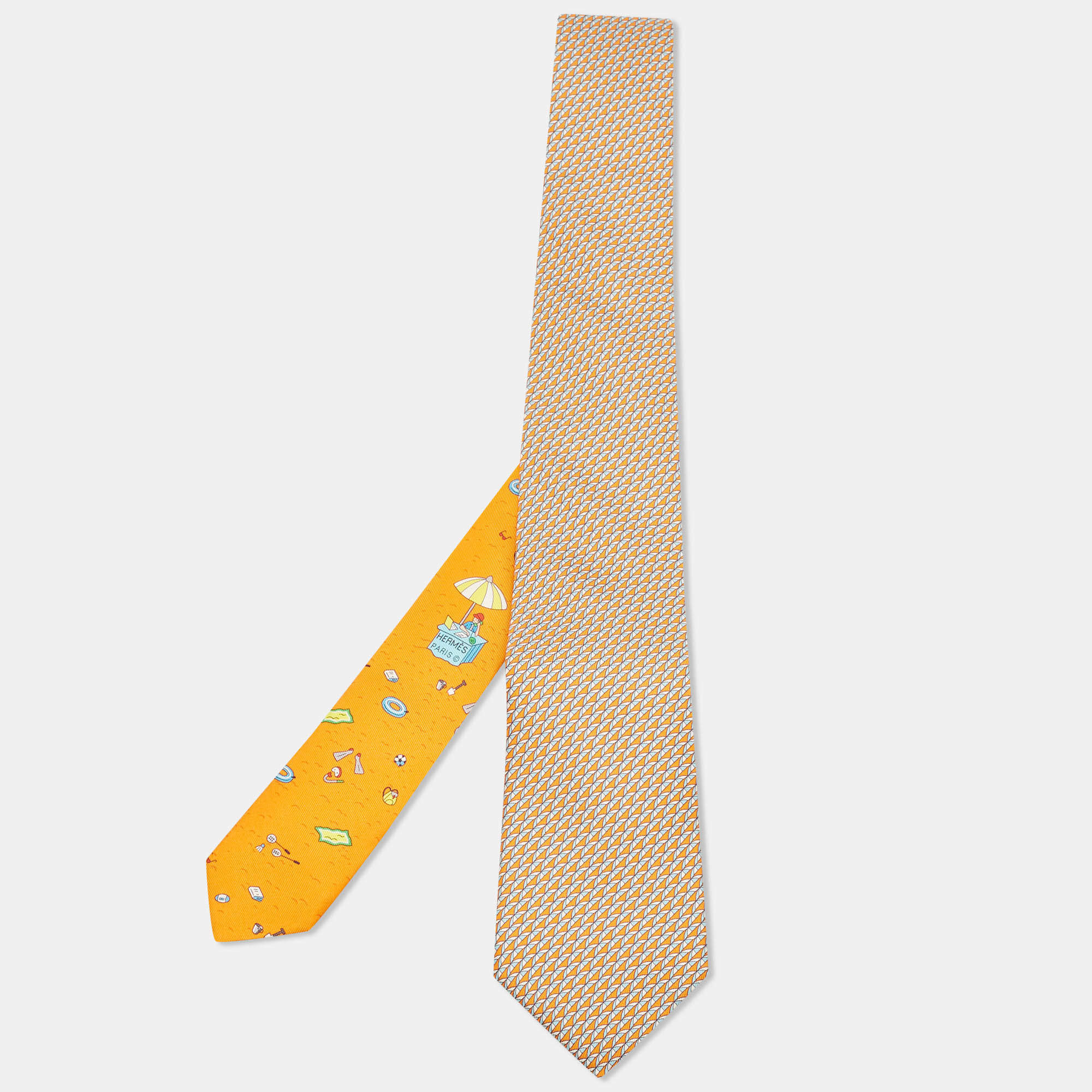Pre Owned Hermès Orange Geomteric Print Silk Tie