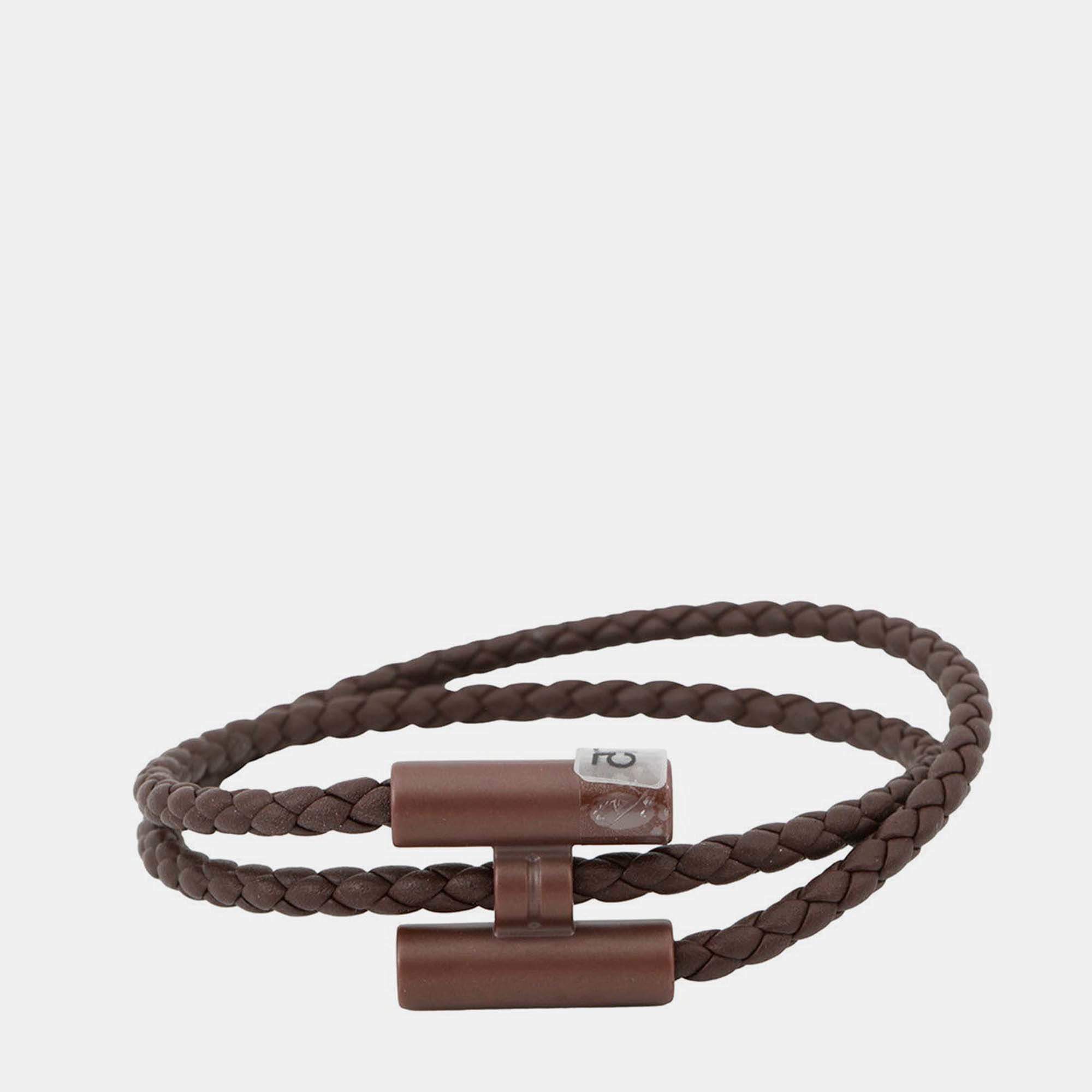 Pre Owned Hermes Tourni Tresse Thor Brown Swift Leather Metal Bracelet