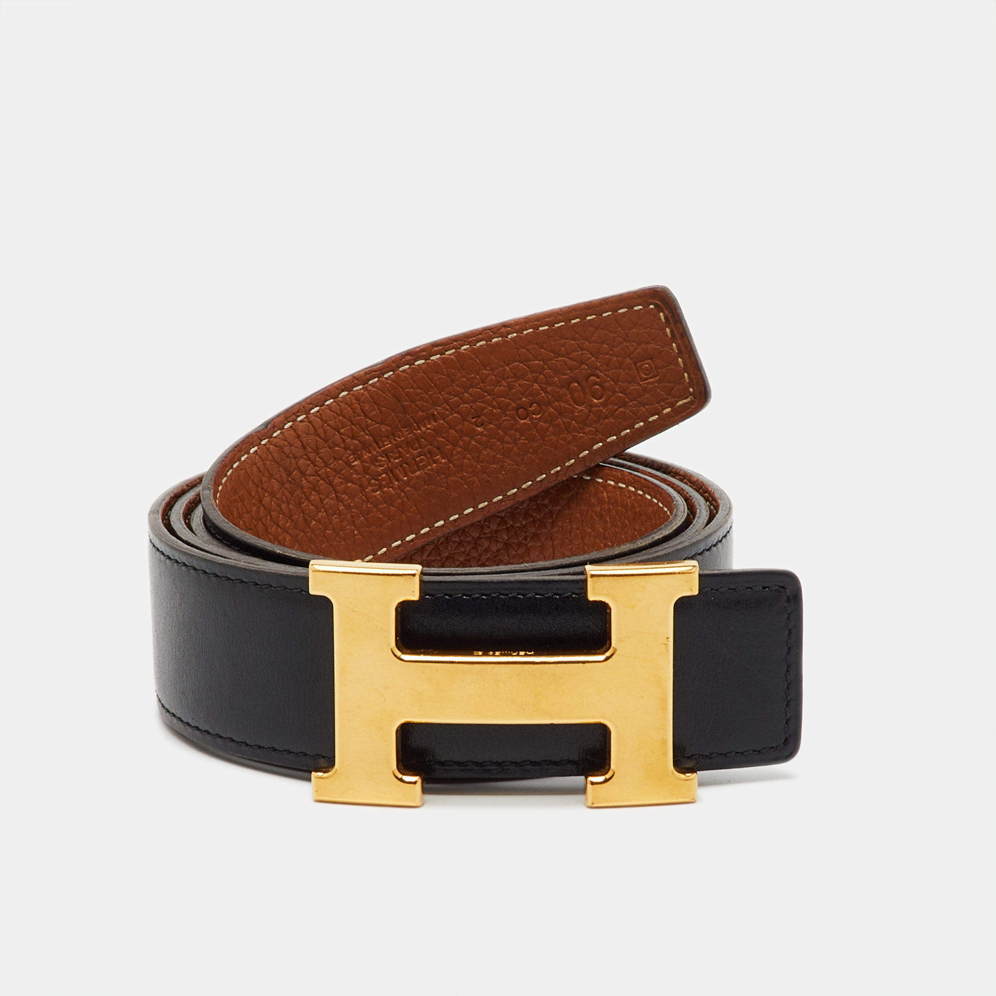 Pre Owned Hermes Black/Gold Box and Togo Leather Reversible H Buckle Belt 90CM