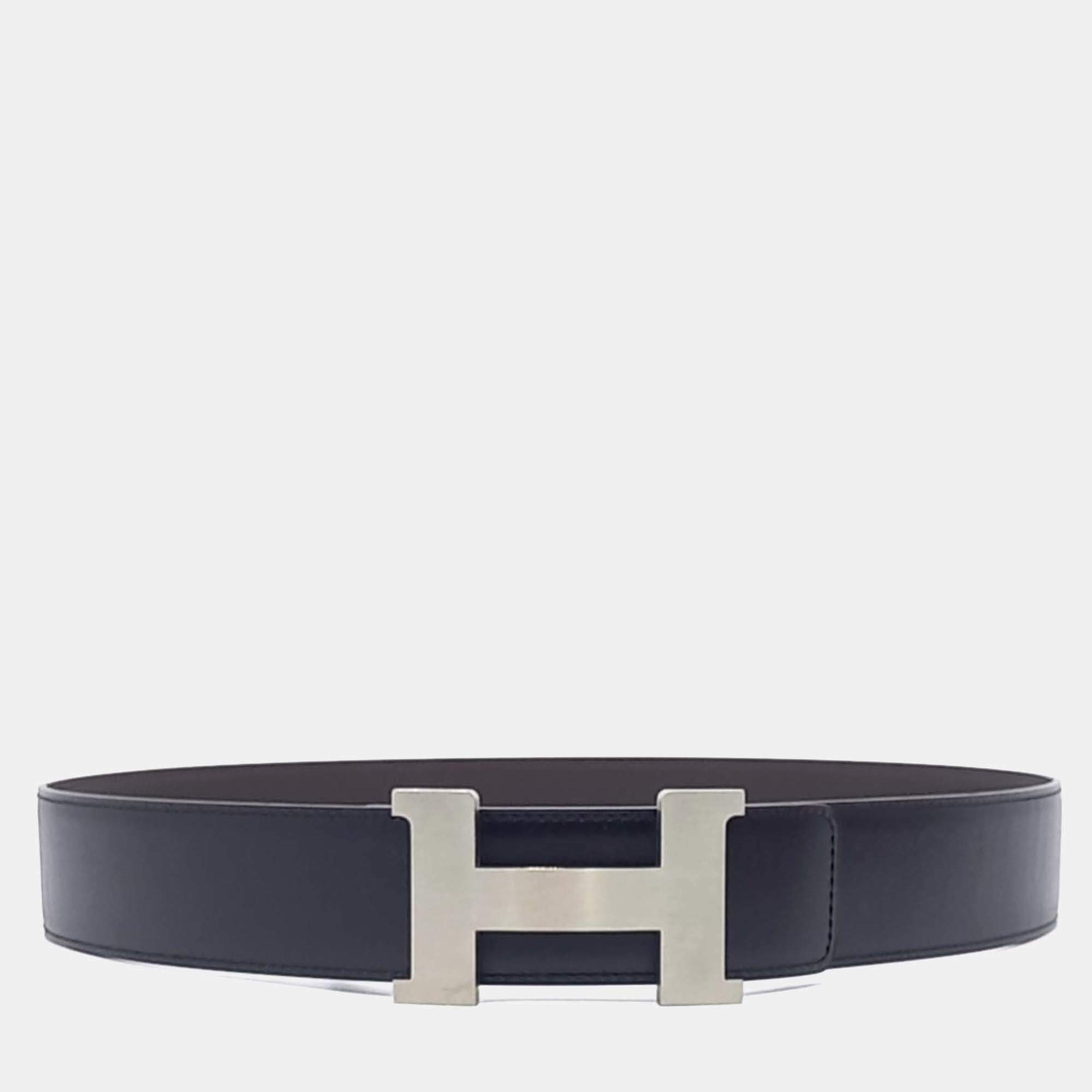 Pre Owned Hermes Black Leather H Reversible Belt
