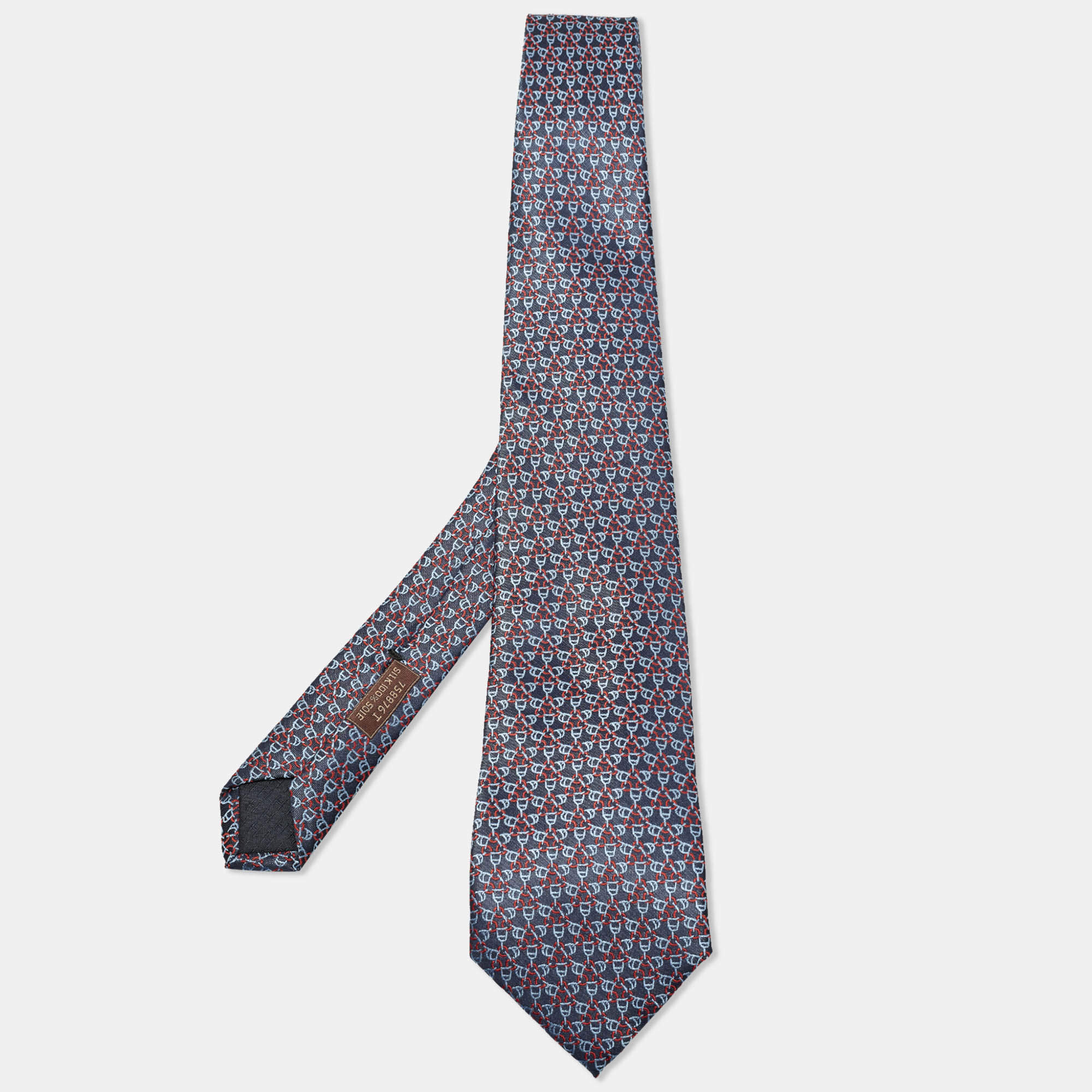 Pre Owned Hermès Blue Stirrup Jacquard Silk Tie