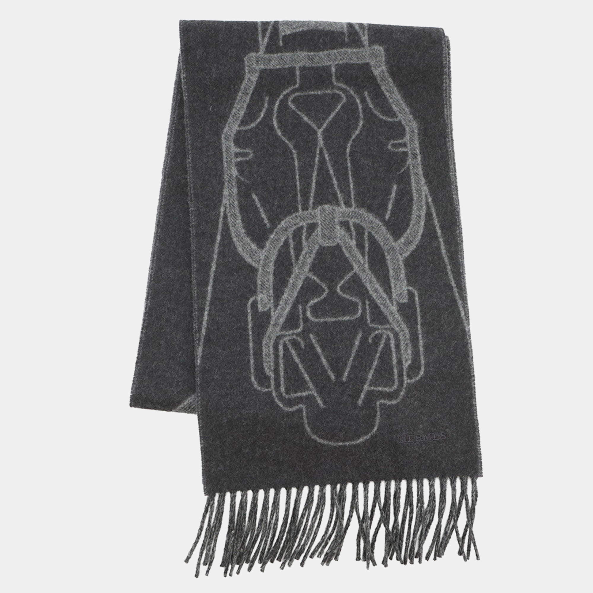 Pre Owned Hermes Scarf Te Te Equestre Anthracite/Gris Cineh 04 Cashmere100%
