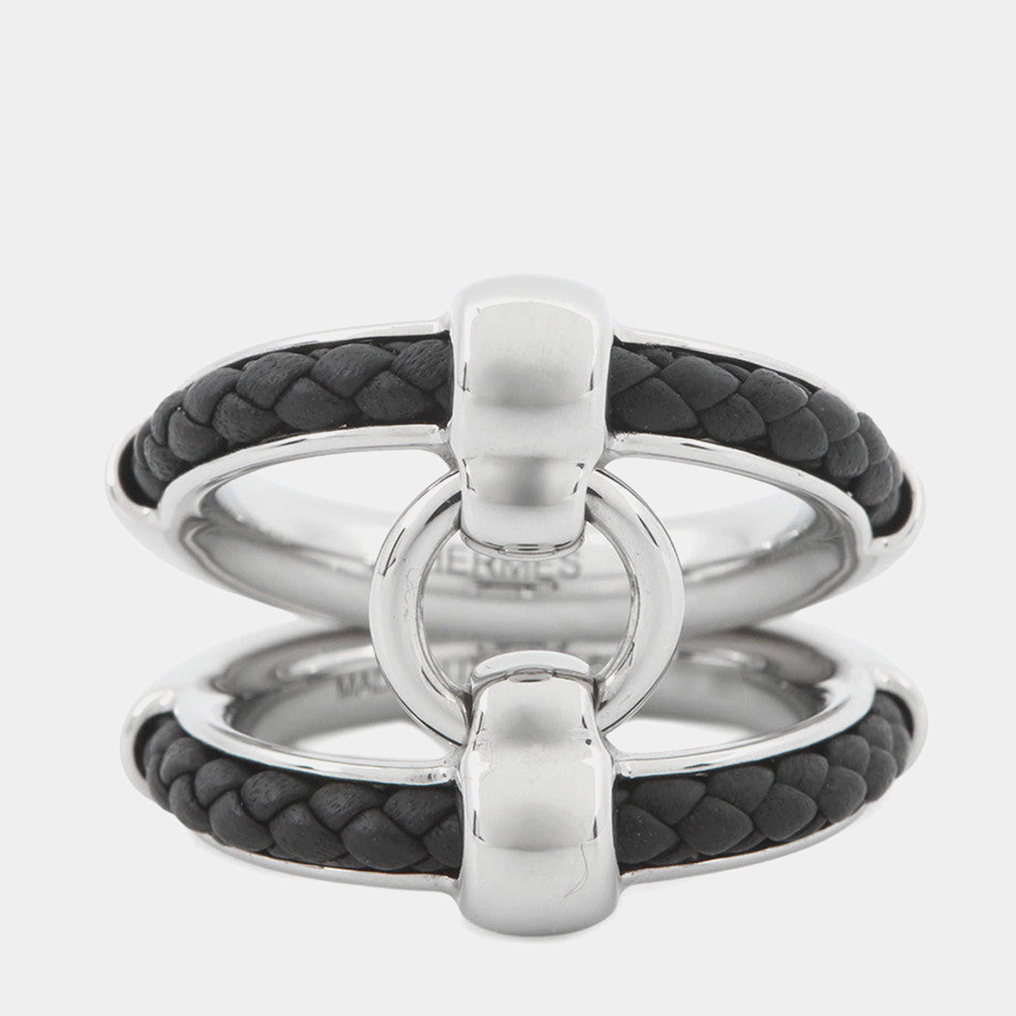 Pre Owned Hermes Fribustier Ring Size 58 Black Metal Leather