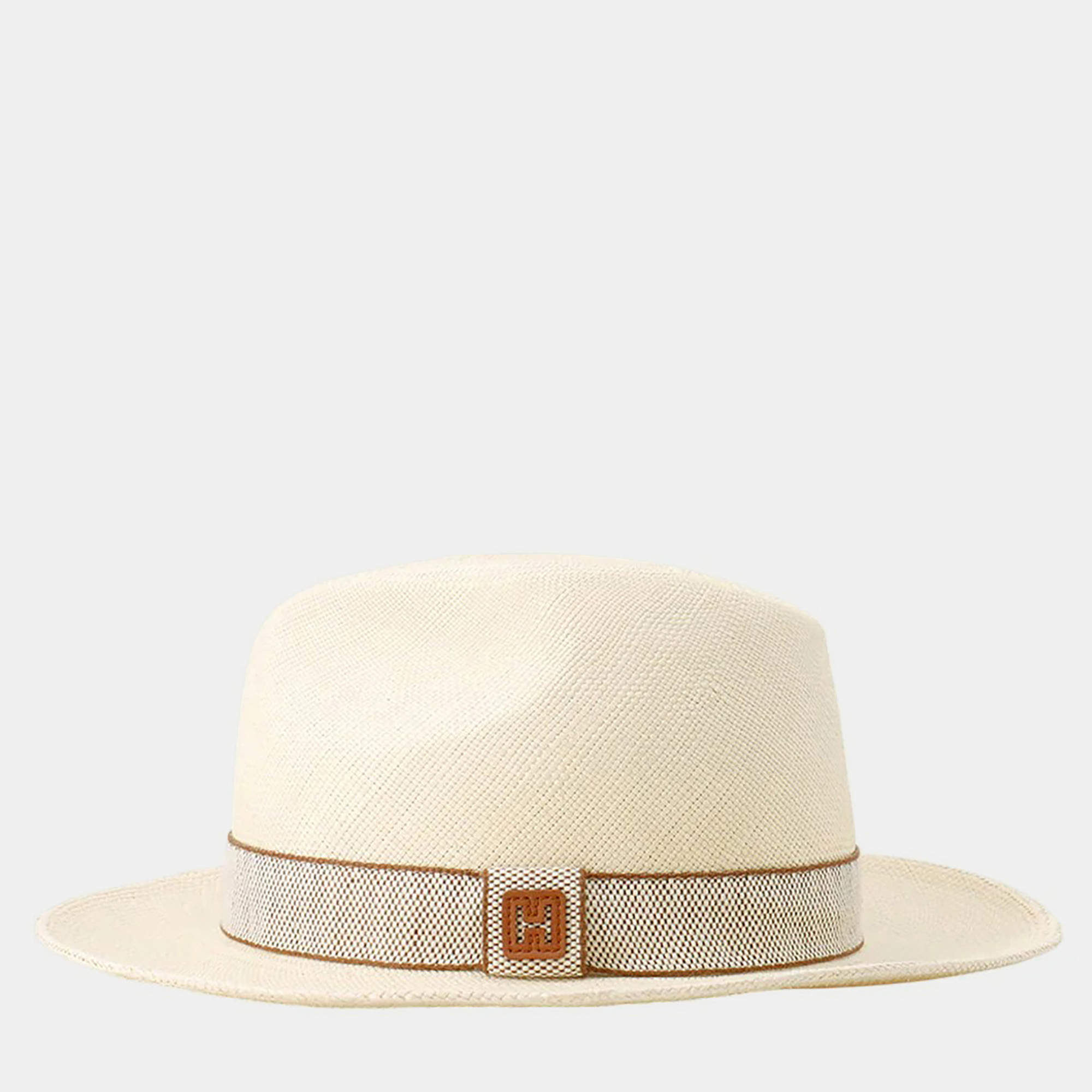 Pre Owned Hermes Rio H-Cut Hat Size 59 Beige/Gold Straw