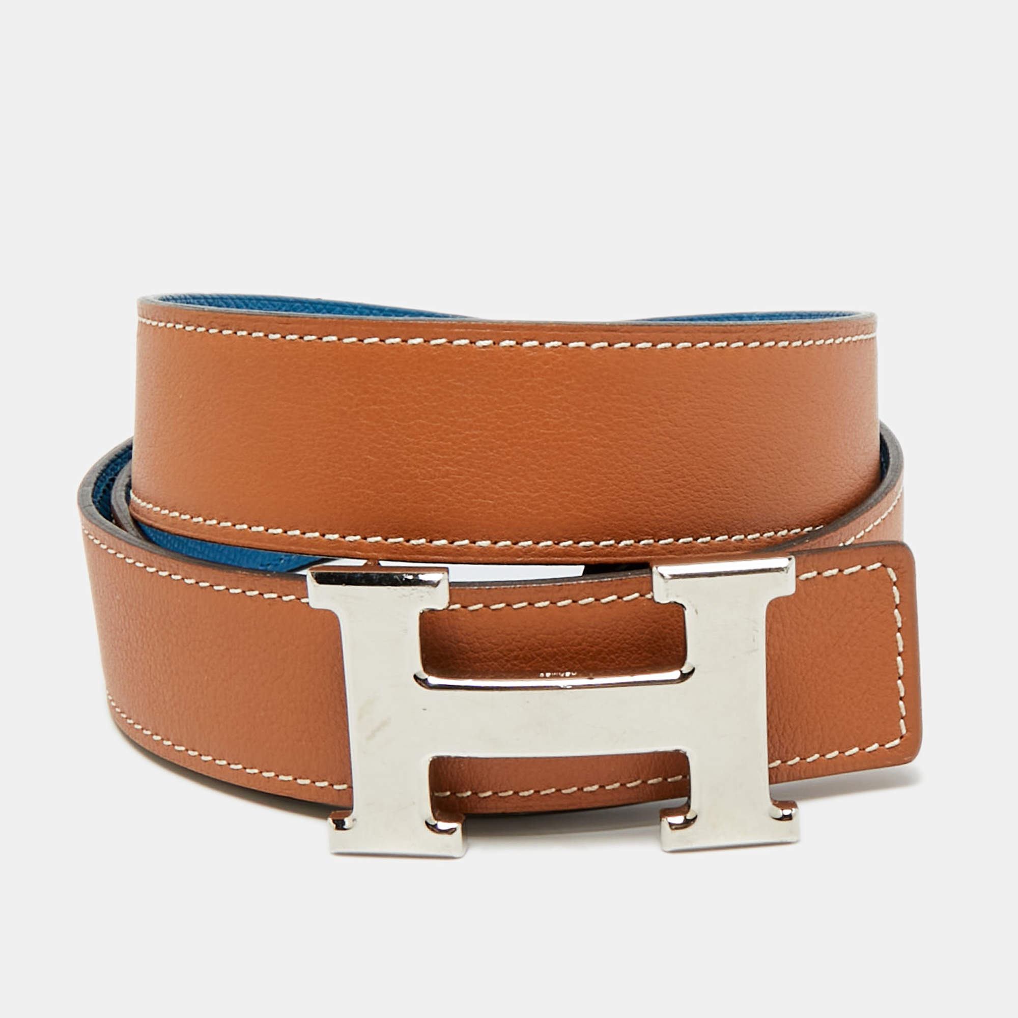 Pre Owned Hermes H 95 CM Reversible Buckle Belt Gold/Bleu Zanzibar Swift and Epsom Leather